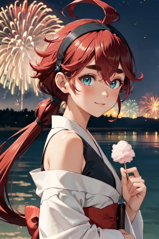 masterpiece, best quality, ultra detailed, highres, extremely detailed CG unity 8k wallpaper, perfect lighting,  very detailed background, beautiful and aesthetic,sharp focus, perfect face, dynamic pose, dynamic angle,
1girl, upper body, (portrait:1.1), medium hair, red hair, multicolored yukata, kanzashi, looking at viewer,  full-face blush, from side, from below, smile,
night, dark sky, misty lake, mountainous horizon, break,aerial fireworks,  (Full of sky fireworks:1.1),
Shoulder Bare、Off the shoulder、(Holding cotton candy:1.2)、
sulleta mercury, ahoge, aqua eyes, black hairband, dark skin, dark-skinned femaile, hair between eyes, hairband, long hair, low ponytail, red hair, swept bangs, thick eyebrows,