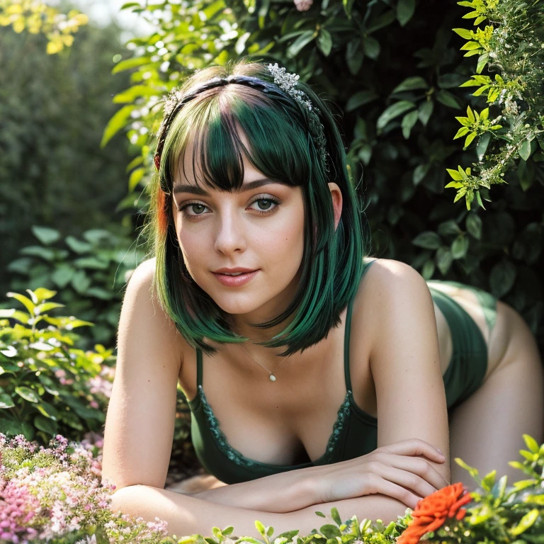 (Extreme Detail CG Unity 8K wallpaper, masterpiece, highest quality), (exquisite lighting and shadow, highly dramatic picture, cinematic lens effect), (Leeloo: 1.4), delicate facial features, charming smile, star eyes, ((dark green hair)), tight top, white gloves, mini skirt, dynamic pose, lying in the garden), (background in a garden full of flowers) (excellent detail, outstanding lighting, wide angle), (excellent rendering, enough to be proud of its kind)