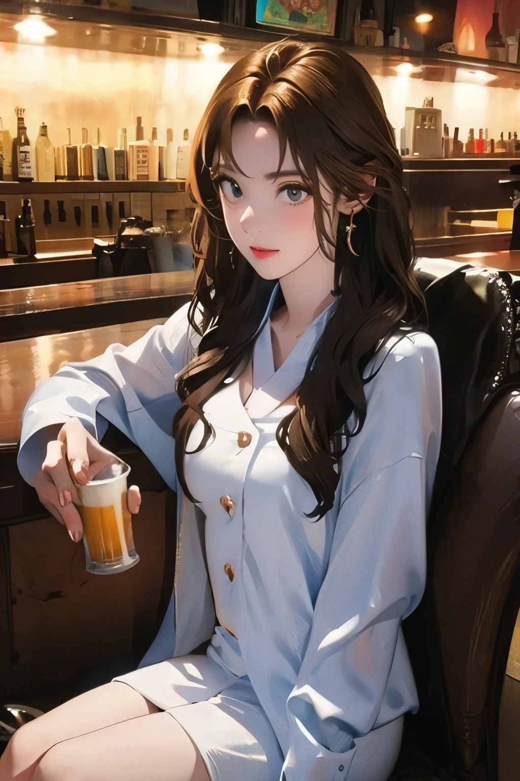 Bar girl drinking beer