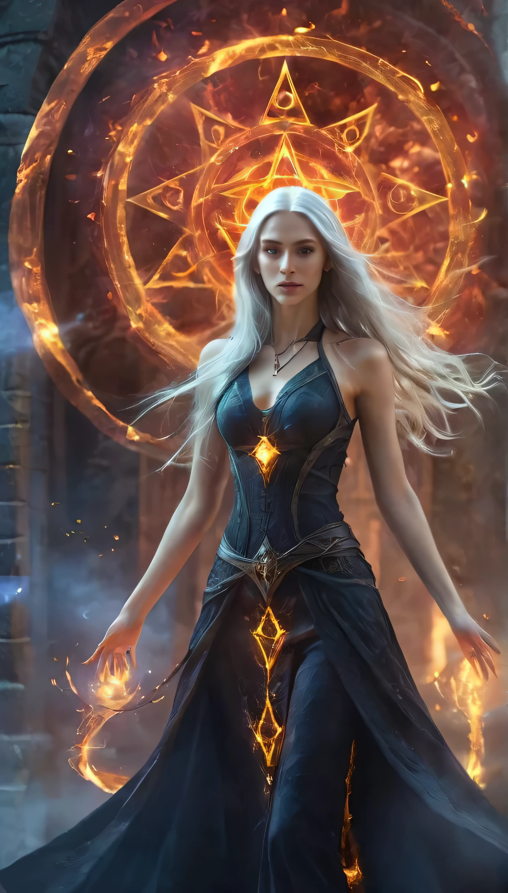 1 girl,adult (elven:0.7) woman,freckles,yellow eyes,gray long hair, full body, 
solo,full shot,looking up,detailed background,detailed face,(glowing eyes:1.05),summoner,unholy,intricate necromancer clothes,amulet,conjuring,movement,evil smile,ritual,pentagram,surrounded by dark  dark magical inscriptions,red swirling summoning energy,(style-swirlmagic:0.7),calling forth evil power,tower background,dark glowing aura,ethereal atmosphere,magic fire,magic array,magic fire,