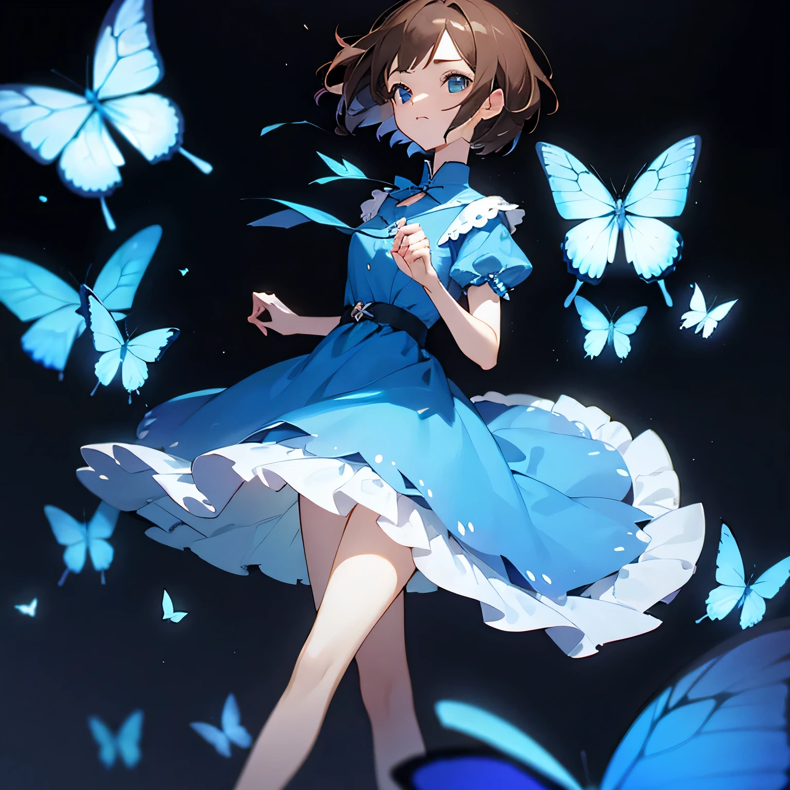 girl、Brown Hair、short hair、Blue Dress、Blue Butterfly、Dark Background