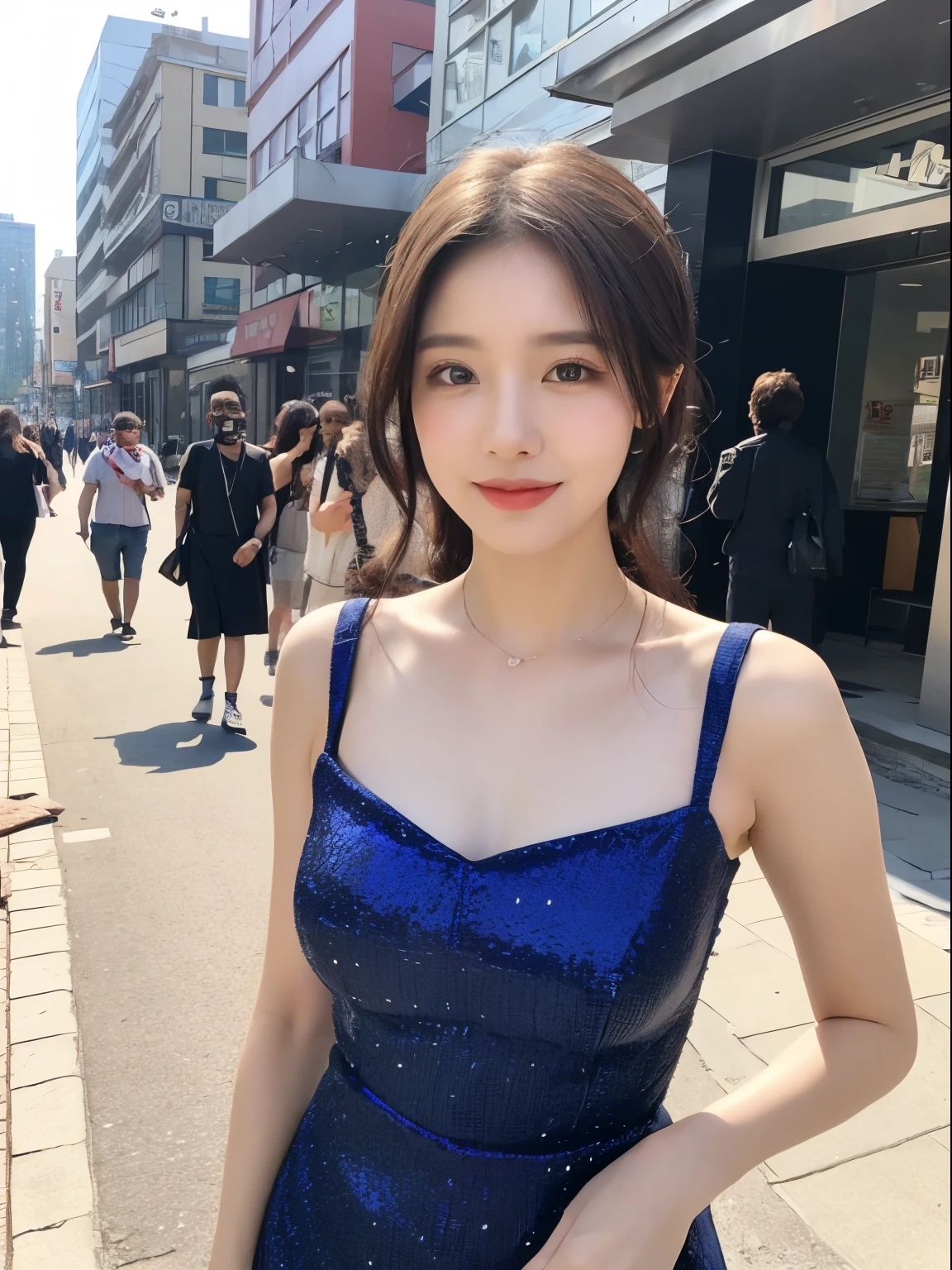 ((Best Quality, 8K, Masterpiece: 1.3)), Fat Body Beauty: 1.4, 30 years old, mature, Bust fullness: 1.6, Thigh Volume: 1.6, Highly detailed face and skin texture, Delicate eyes, Double eyelids, Chubby face, thin lips, smile, fair skin, (dress: 1.6), Standing posture, city street background, wears shirt with text "fellgrey"