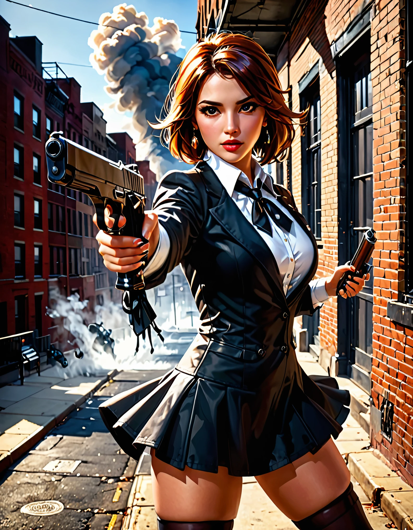 (better lighting, alto contraste, Sharp details), (a person:1.2+female) gangster, Traje negro y corbata, Camisa blanca, falda negros, zapatos negros pulidos, de pie, dynamic action pose, sosteniendo dos pistolas, Beretta 92, fogonazo, casquillos de bala, humo de pistola, agujeros de bala, apuntando al espectador, pelaje blanco, for the chestnut, cabello mediano, cabello arreglado, 28 years, intense action, Brooklyn, high end apartment backdrop, vivid colors, high saturation, dramatic shadows.