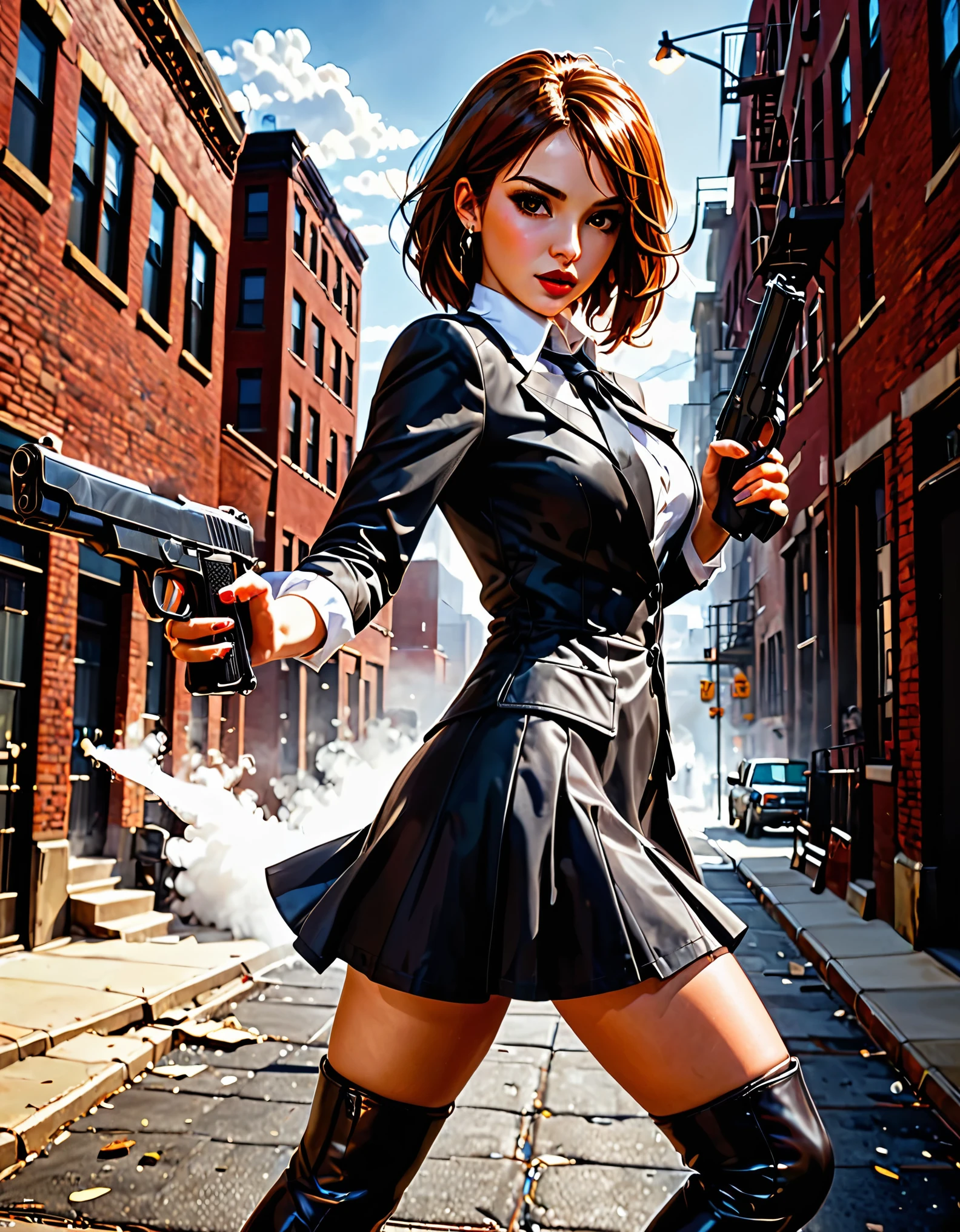 (better lighting, alto contraste, Sharp details), (a person:1.2+female) gangster, Traje negro y corbata, Camisa blanca, falda negros, zapatos negros pulidos, de pie, dynamic action pose, sosteniendo dos pistolas, Beretta 92, fogonazo, casquillos de bala, humo de pistola, agujeros de bala, apuntando al espectador, pelaje blanco, for the chestnut, cabello mediano, cabello arreglado, 28 years, intense action, Brooklyn, high end apartment backdrop, vivid colors, high saturation, dramatic shadows.