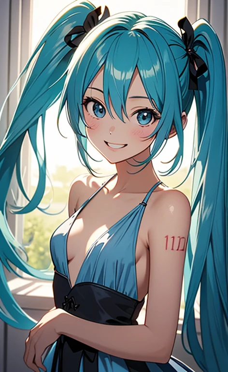 (masterpiece:1.4、top-quality、illustration:1.4,realistic、)、(character focus、breast focus,upper body:1.3)、(1girl),(seductive smile:1.3),(miku hatume),cute face,blue eyes、()、
,(stand:1.4),(Shining smile),
,(slender),(gothic lolita:1.3),
(fluorescence light green long hair:1.6,,),(twintails), (small breasts:1.3)、
、slender、hatsune_miku_bluearchive
