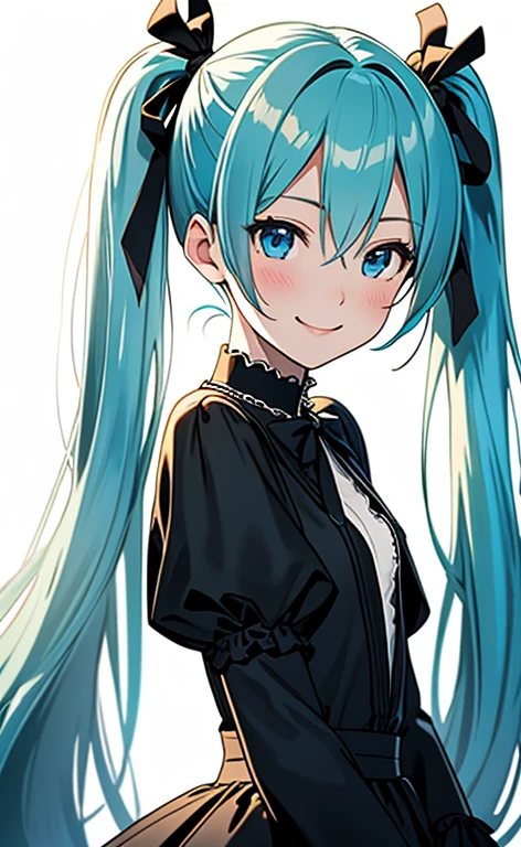 (masterpiece:1.4、top-quality、illustration:1.4,realistic、)、(character focus、breast focus,upper body:1.3)、(1girl),(seductive smile:1.3),(miku hatume),cute face,blue eyes、()、
,(stand:1.4),(Shining smile),
,(slender),(gothic ta:1.3),
(fluorescence light green long hair:1.6,,),(twintails), (small breasts:1.3)、
、slender、hatsune_miku_bluearchive
