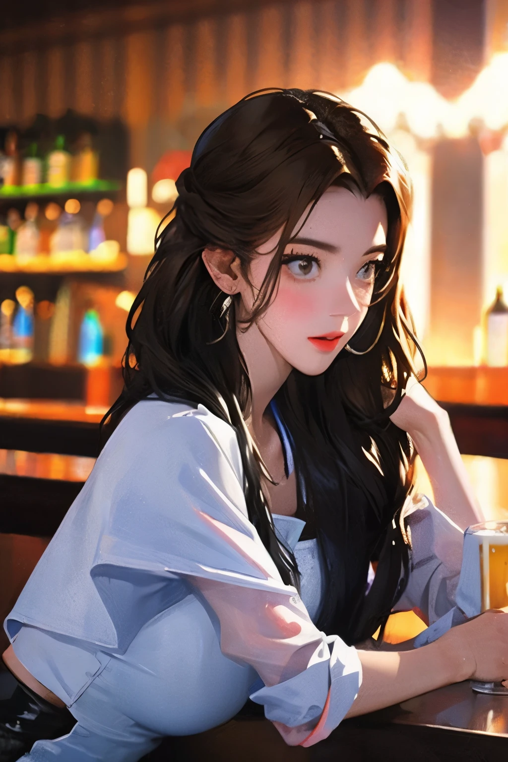 Bar girl drinking beer