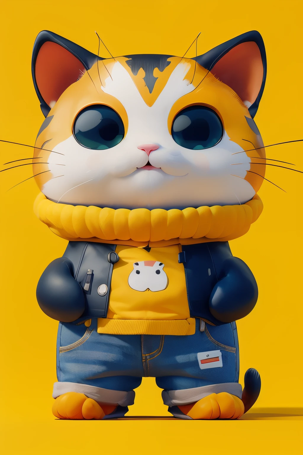 masterpiece,best quality,full_shot,kawaii,chibi,futuristic,yellow,orange,yellow background,a cat wearing jeans,