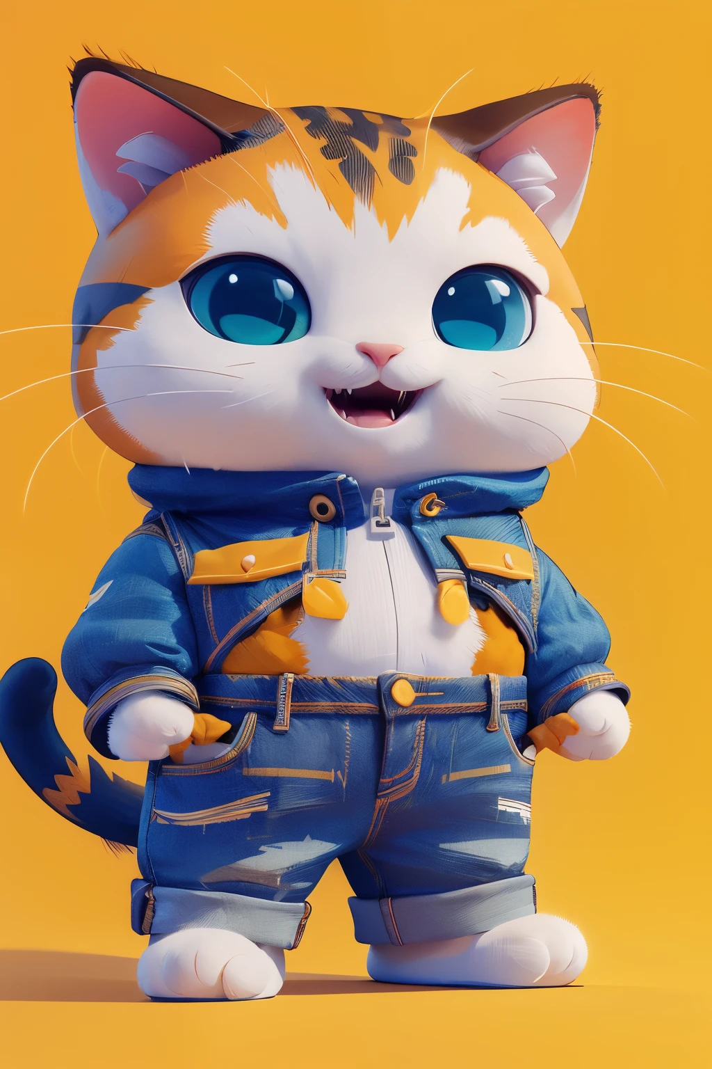 masterpiece,best quality,full_shot,kawaii,chibi,futuristic,yellow,orange,yellow background,a cat wearing jeans,