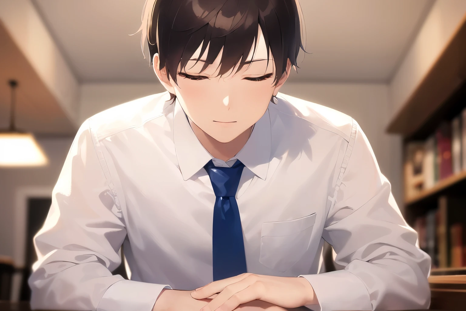 masterpiece、highest quality、(25-year-old male:1.5) and (Brown short hair) and (Eyes closed:1.5), (White shirt) and (Blue tie)、Sitting、sleepy、The background is the interior of a restaurant at night.、(Alone:1.5)、Upper body is shown、