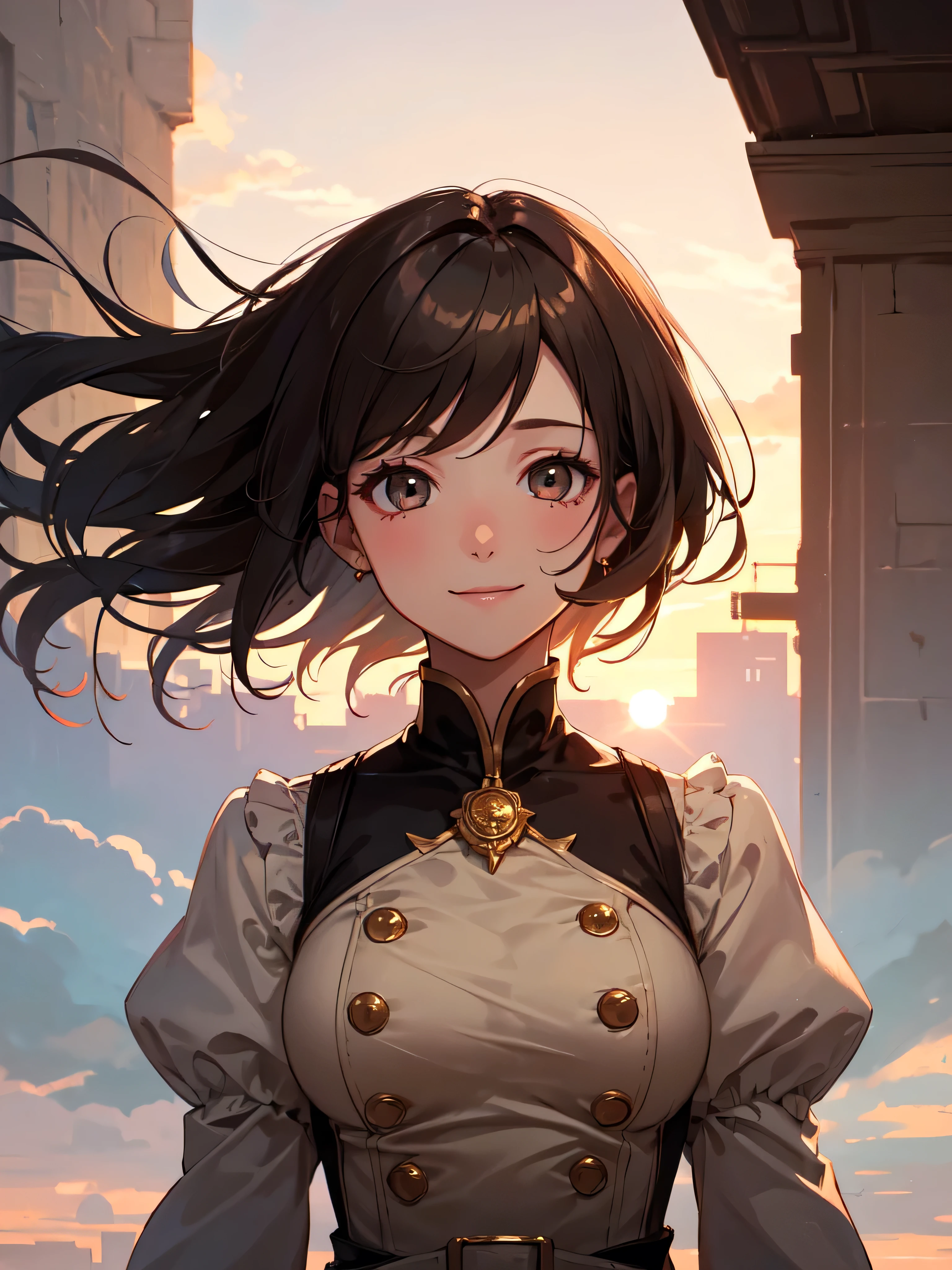 highest quality, Detailed face, One girl, Mid-breasted, smile, Dress up, (Charm, Puffy eyes:1.2), Excellent anatomy, View your viewers, Soft Focus, Golden Hour Lighting, Depth of written boundary, Happy expression, Short Hair, Outdoor, (Profile photo:0.8)