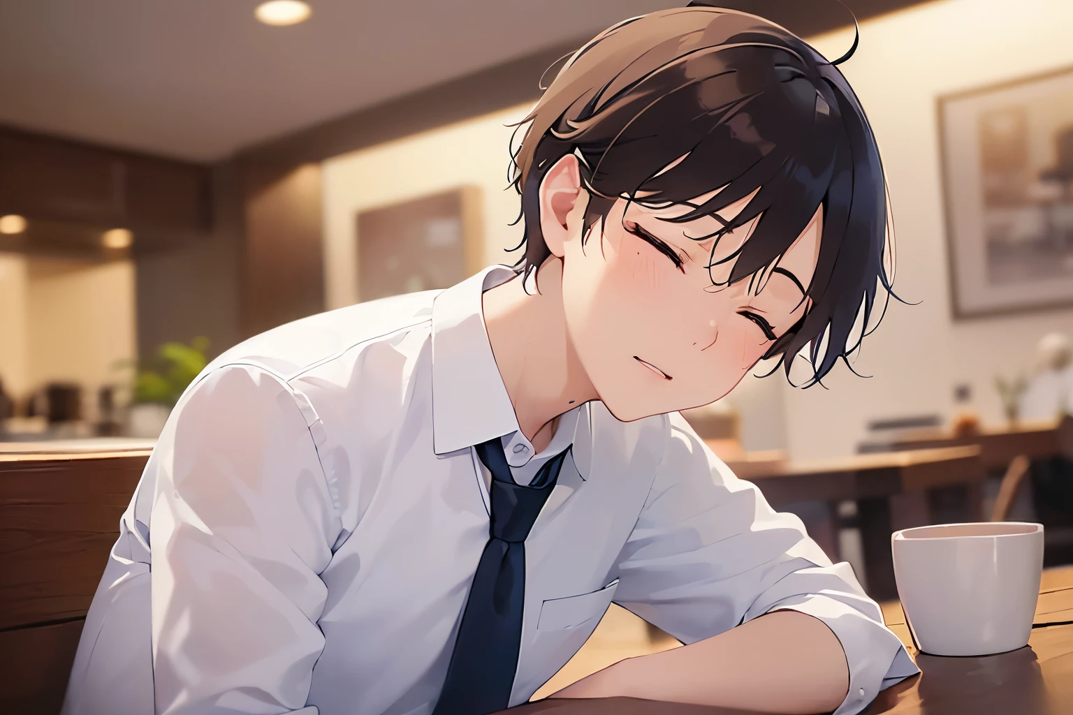 masterpiece、highest quality、(25-year-old male:1.5) and (Brown short hair) and (Eyes closed:1.5), (White shirt) and (Blue tie)、Sitting、sleepy、The background is the interior of a restaurant at night.、(Alone:1.5)、Upper body is shown、