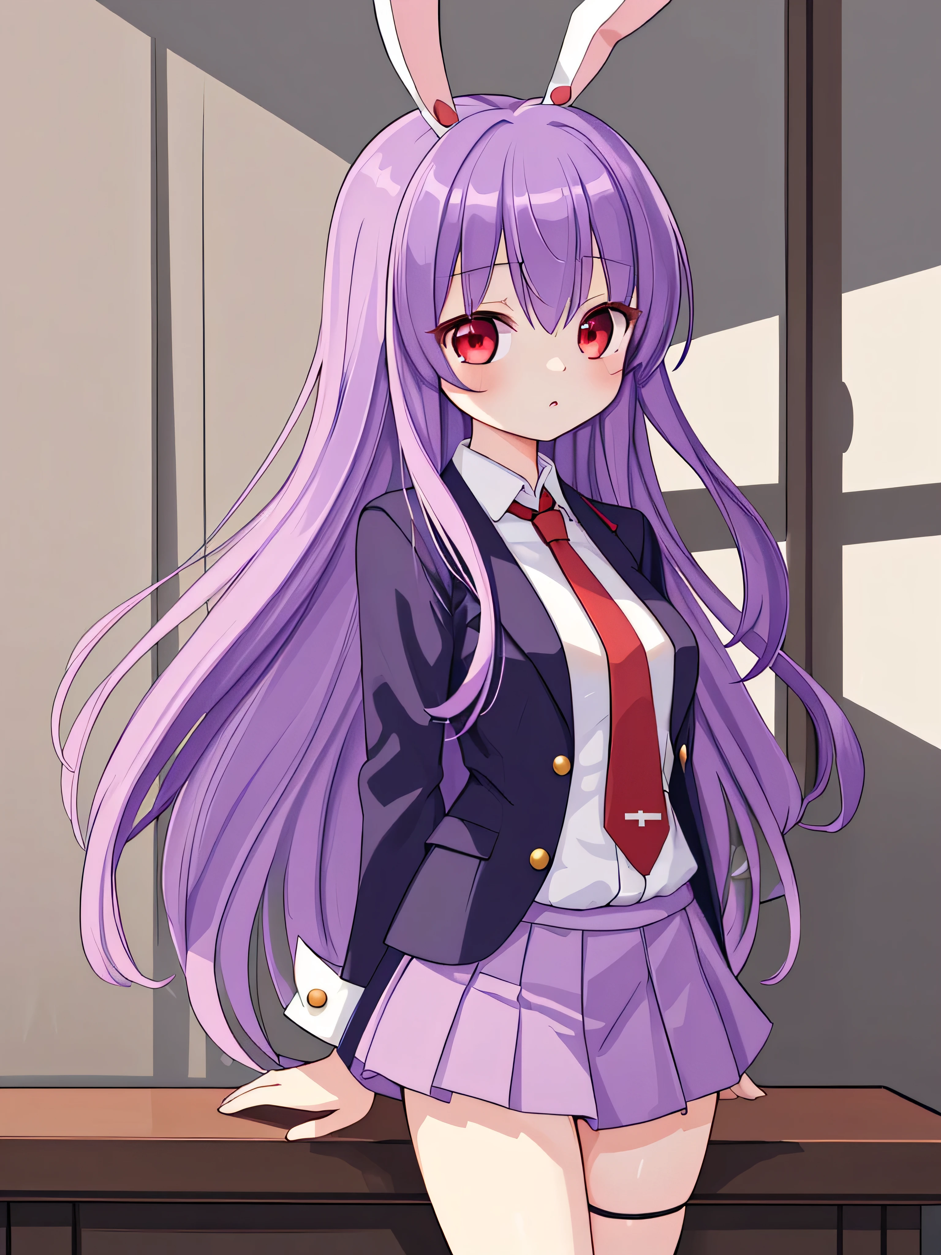 masterpiece, top quality, super detailed, CG illustration, high resolution, better lighting, best shadows, very delicate and beautiful, proper shading, hd, 8k,reisen udongein inaba, 1girl, solo, long hair, skirt, red eyes, animal ears, jacket, purple hair, necktie, rabbit ears, blazer, red necktie