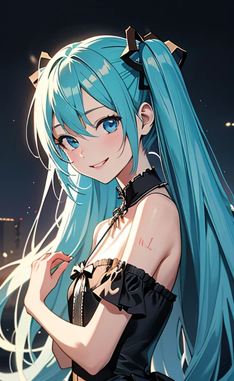 (masterpiece:1.4、top-quality、illustration:1.4,realistic、)、(character focus、breast focus,upper body:1.3)、(1girl),(seductive smile:1.3),(miku hatume),cute face,blue eyes、()、
,(stand:1.4),(Shining smile),
,(slender),(gothic ta:1.3),
(fluorescence light green long hair:1.6,,),(twintails), (small breasts:1.3)、
、slender、hatsune_miku_bluearchive