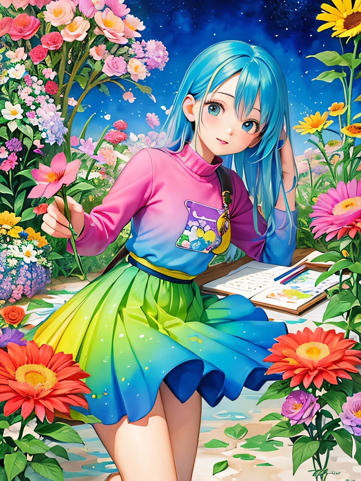 akira toriyama style、8K Quality、Intense watercolor, Detailed watercolor art, Watercolor splash, Surreal, avant-garde pop art, Beautiful and expressive paintings, Beautiful artwork illustration, Very colorful tones, wonderful, Cool beauty, highest quality、Official Art, Vector art, Stylish design, ((The most beautiful girl of all time)), (((highest quality))), HDR, ((detailed)), (((Doodle Art)), ((masterpiece)), ((Super detailed)), (((Colorful flowers))), (((Study together)))、Lots of friends