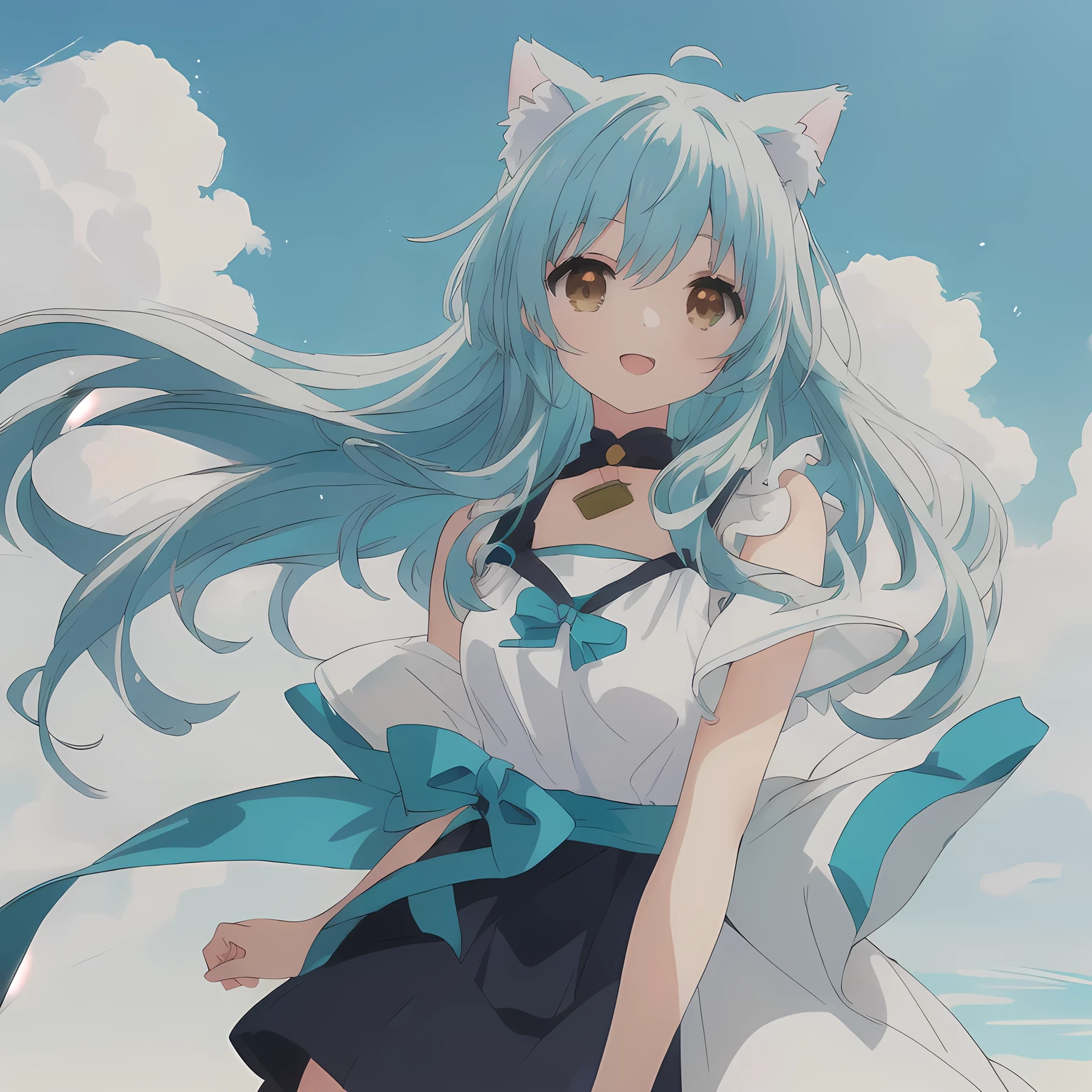 happy anime girl with gray hair and brown eyes and a white top, beautiful anime catgirl, very beautiful anime cat girl, cute anime catgirl, anime catgirl, anime girl with cat ears, anime girl with teal hair, anime moe artstyle, anime artstyle, anime cat, anime style 4 k, anime style. 8k