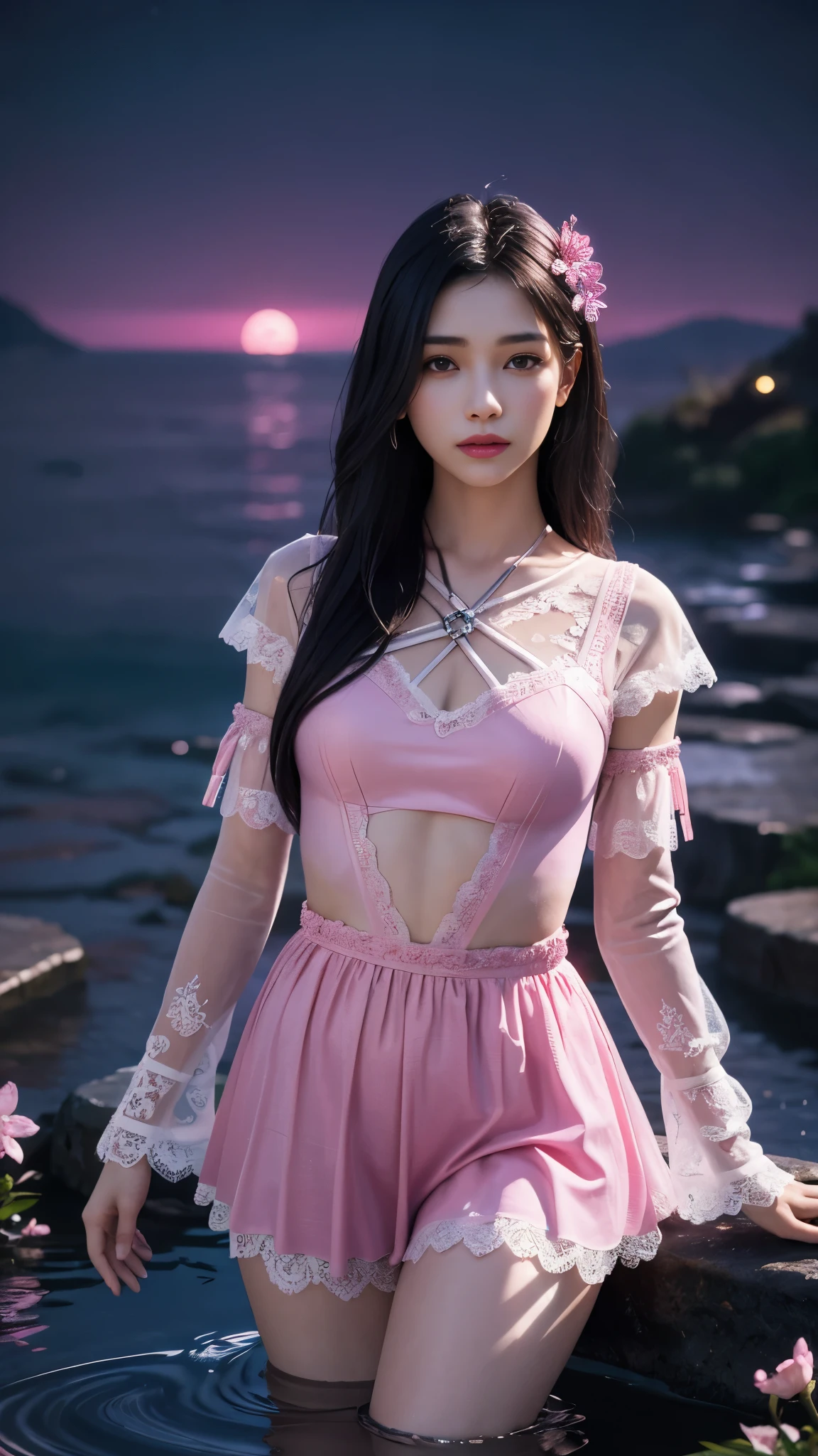 8K, ultra hd, masterpiece, 1 girl, ((18 years old girl)), good face, very long hair, detailed eyes, detailed lips, small breasts, ((tape clothing, pink clothing)), ((criss-cross lace)), sardine, ornament, jewellery, antique jewellery, loops, straps, dim lighting, epic scenery, ((night scenery:1.5)), ((Realistic moon)), cherry blossom, beautiful, rain, flowers, butterfly, water reflection, RTX 4090, (unreal engine 5), ray tracing, bloom effect, perfect pose,