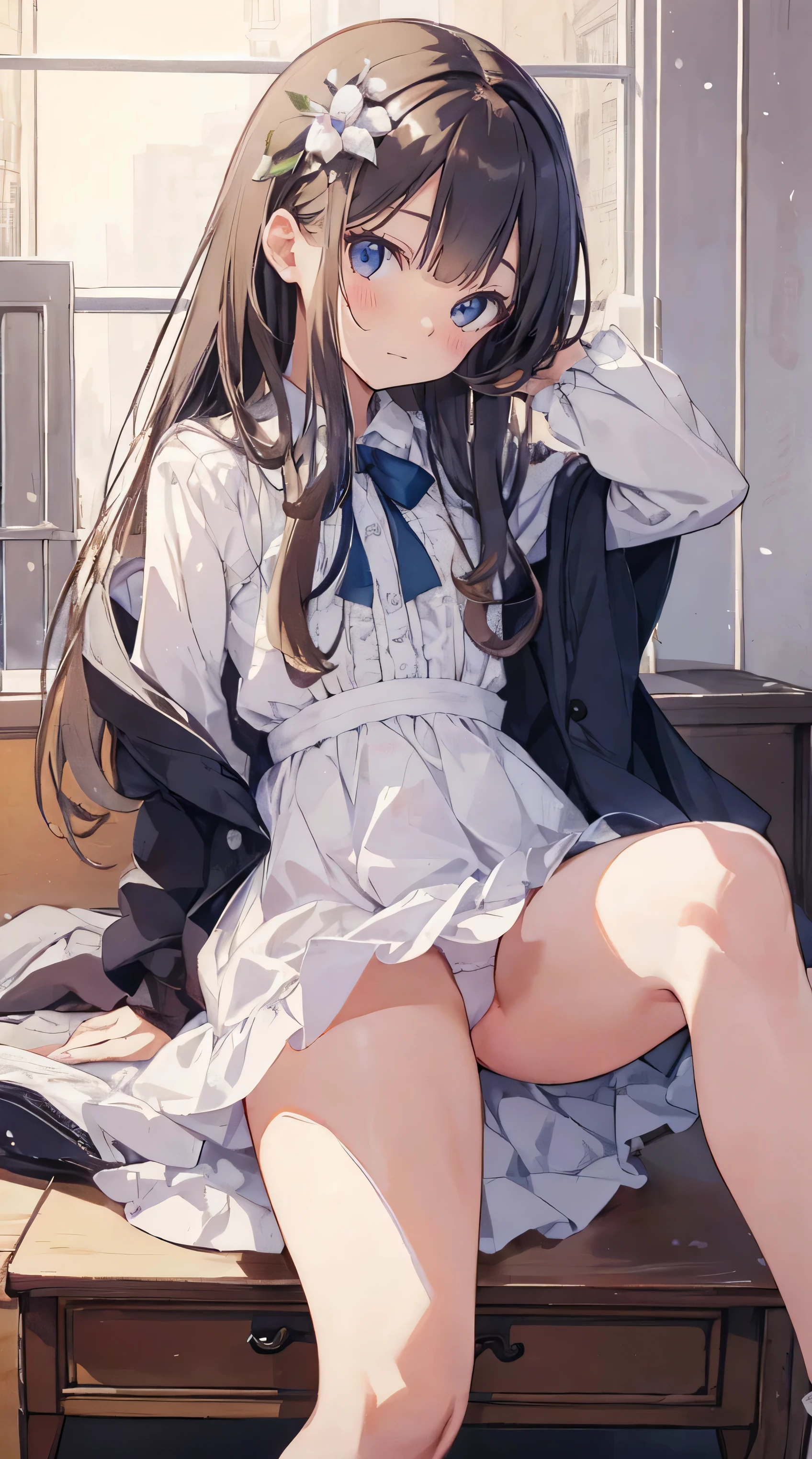 Masterpiece、Highest quality、highest quality、((()))、 ((((Petite))))、((Embarrassed))、Shiny hair quality、Small face、Sitting、Super detailed, beautiful, wide eyes、Ultra-detailed, clear and beautiful faces、(cute illustration:1.2), High-resolution, ultra-detailed, best quality, embarrassed、Cute white underwear、Thighs