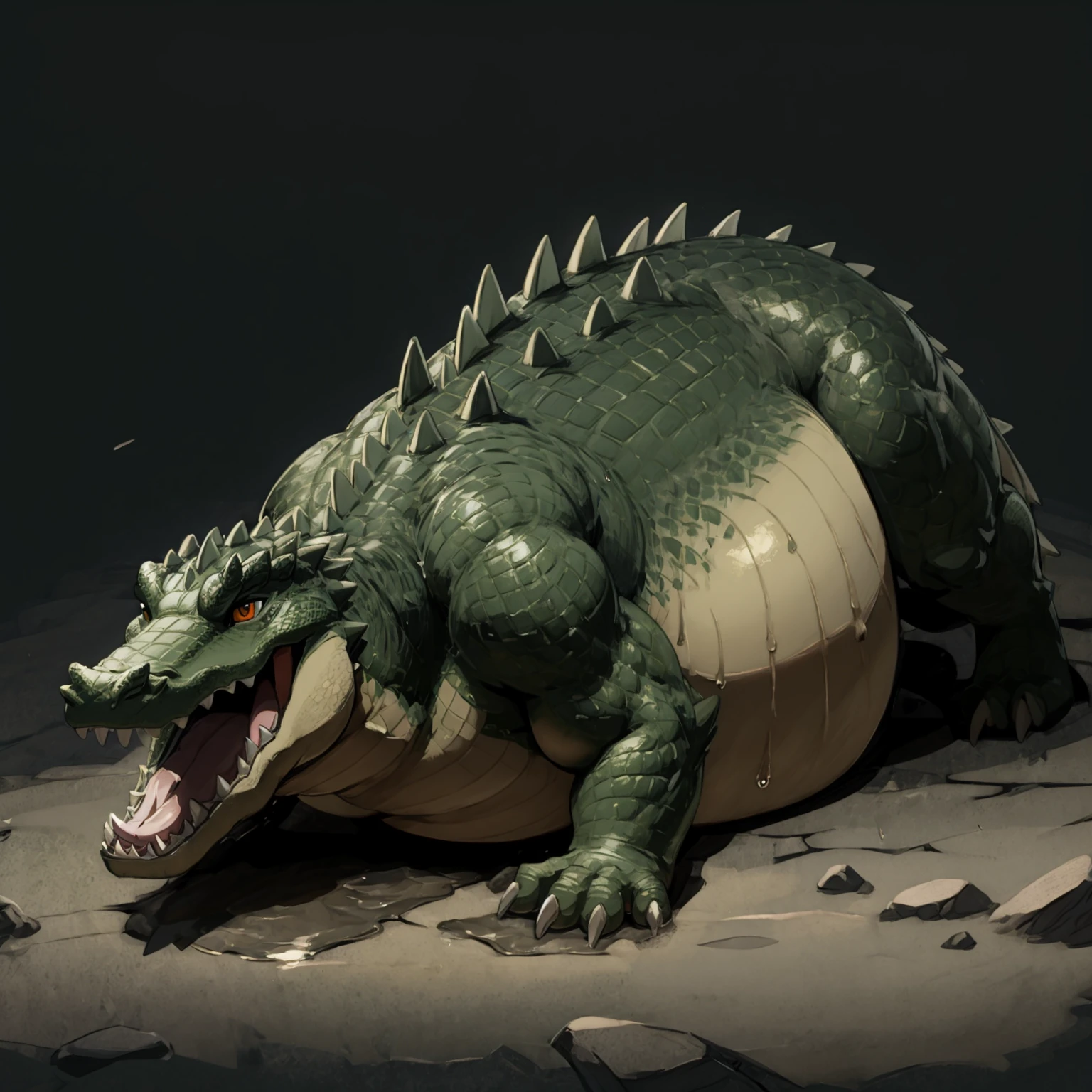 ((((A very obese emerald-colored crocodile, Crocodile facing backwards, Emerald scales, Buttocks up, A lot of poop, Backward composition, feral, on all fours, tail up, anal excessive scat leaking)))), Wild ferocious crocodile, Spiky scales all over the body, A glittering silver mane, Very short legs, Screaming facial expression, Roaring crocodile face, Backward body, Reptile Eyes, Longitudinal pupils, A body covered with a lot of fat, Abnormally obese head, A lot of fat on the neck, A belly so obese it covers the ground, Fat gap, Abdomen swollen enough to touch the ground, A huge, mountain-like swollen abdomen, Abnormally fat arms, Overweight and flabby legs, A body that seems to be crushed by a huge abdomen, A body that fills the screen, Rubble background, All fours pose, Wet scales all over the body, Soaking wet, ((((feral, three-quarter rear view))))