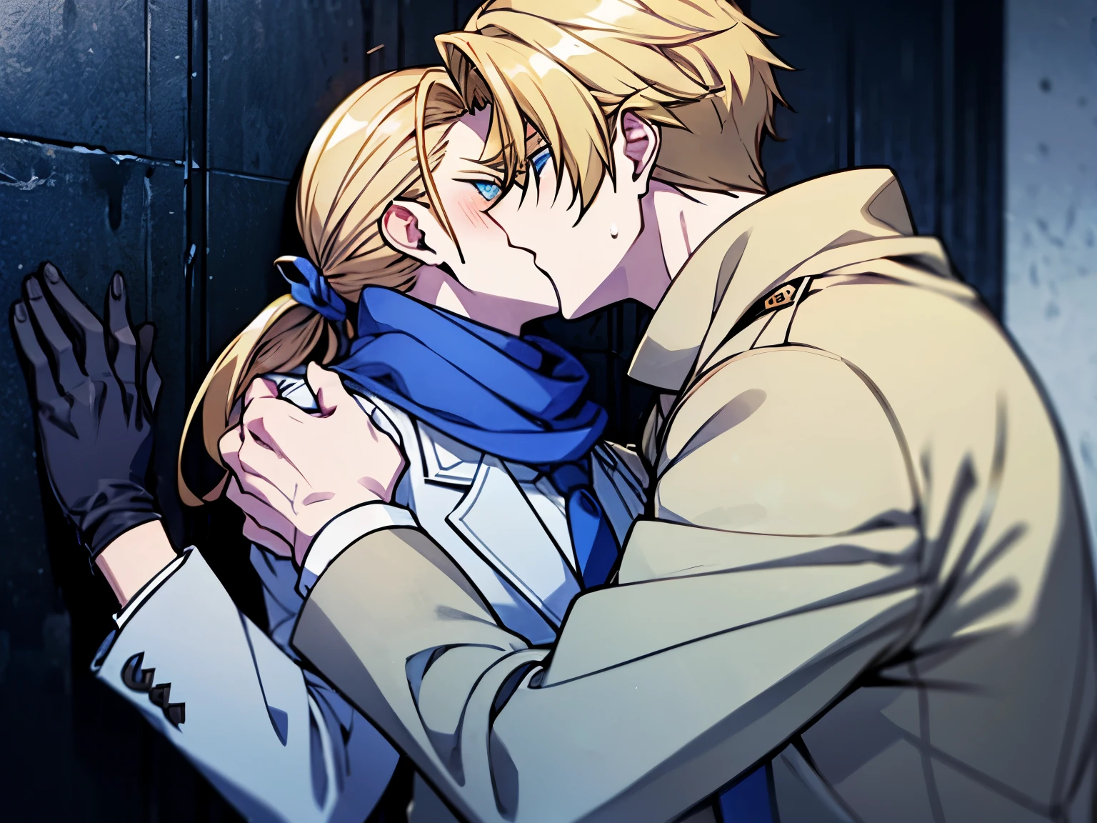 Best Quality, very detailed beautiful face and eyes, ((Embarrassing)), Long hair, Blonde low-tied longhair, Blue eyes, flat chest, White trench coat, Small arm muscles, Male Hands, male eyebrows, Male Eyes, sharp long nose, Men's Glasses, (Black Gloves:1.2), (Blue winter scarf:1.3), (White suit:1.4),White vest, ((blue necktie)), Blonde tied hair, Blonde Low Long Ponytail, blush,Masculine face, 180cm, masculine,Magical atmosphere, Anime characters hugging each other in a dark room, 2boys, He pressed him against the wall. He pressed him against the wall, Slammed his hands against the wall in front of him, (Parted bangs, Forehead),long voluminous blonde hair,kiss,Sexy, Elegant, 30 years old man, Adult man,