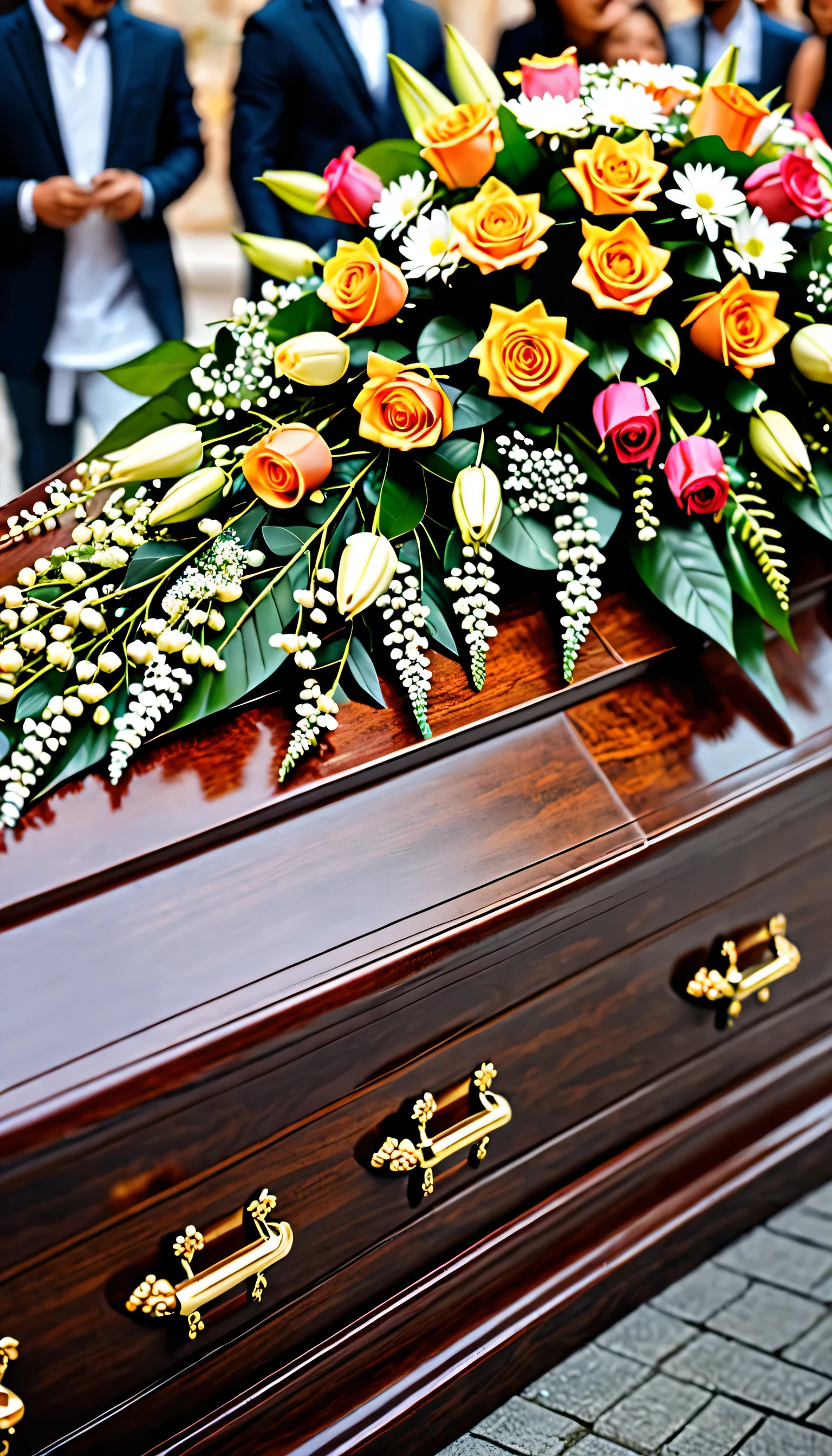 Top Quality, Masterpiece, close shot coffin with flowers on coffin with people in the background blurred (Photorealistic Photos:1.3), (High Detail Skin:1.2), 8K UHD, DSLR, High Quality, High Definition, 4K, 8K, (Real: 1.3)