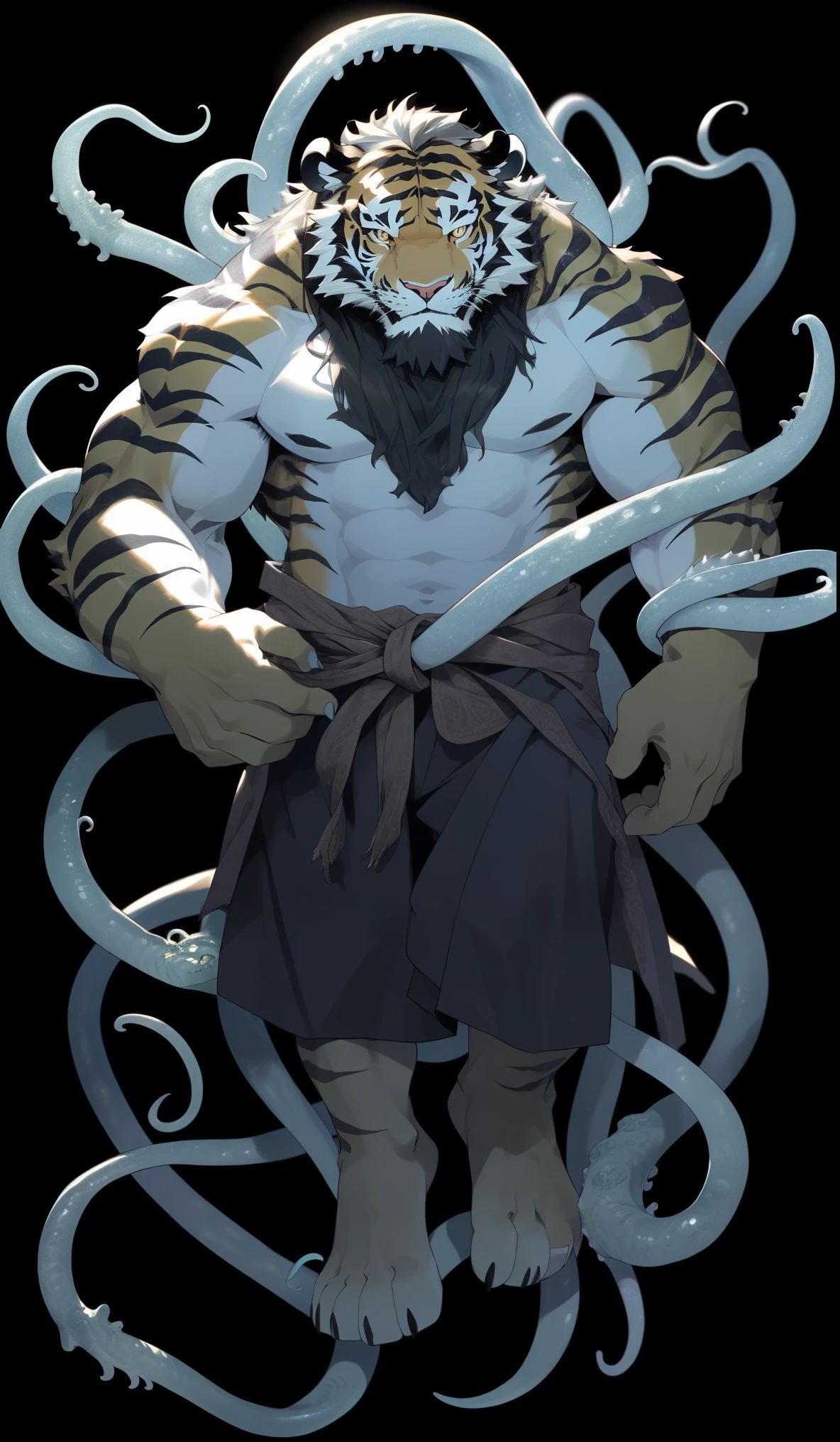 hairy,(tiger,Tentacle Arm:1.3,Three eyes:1.3)beard,Golden fur,Full of wriggling tentacles,male,Common,full-body shot,In multiple dimensions,Cthulhu,Real void background,极其lifelike阴影,masterpiece,Very detailed,lifelike。