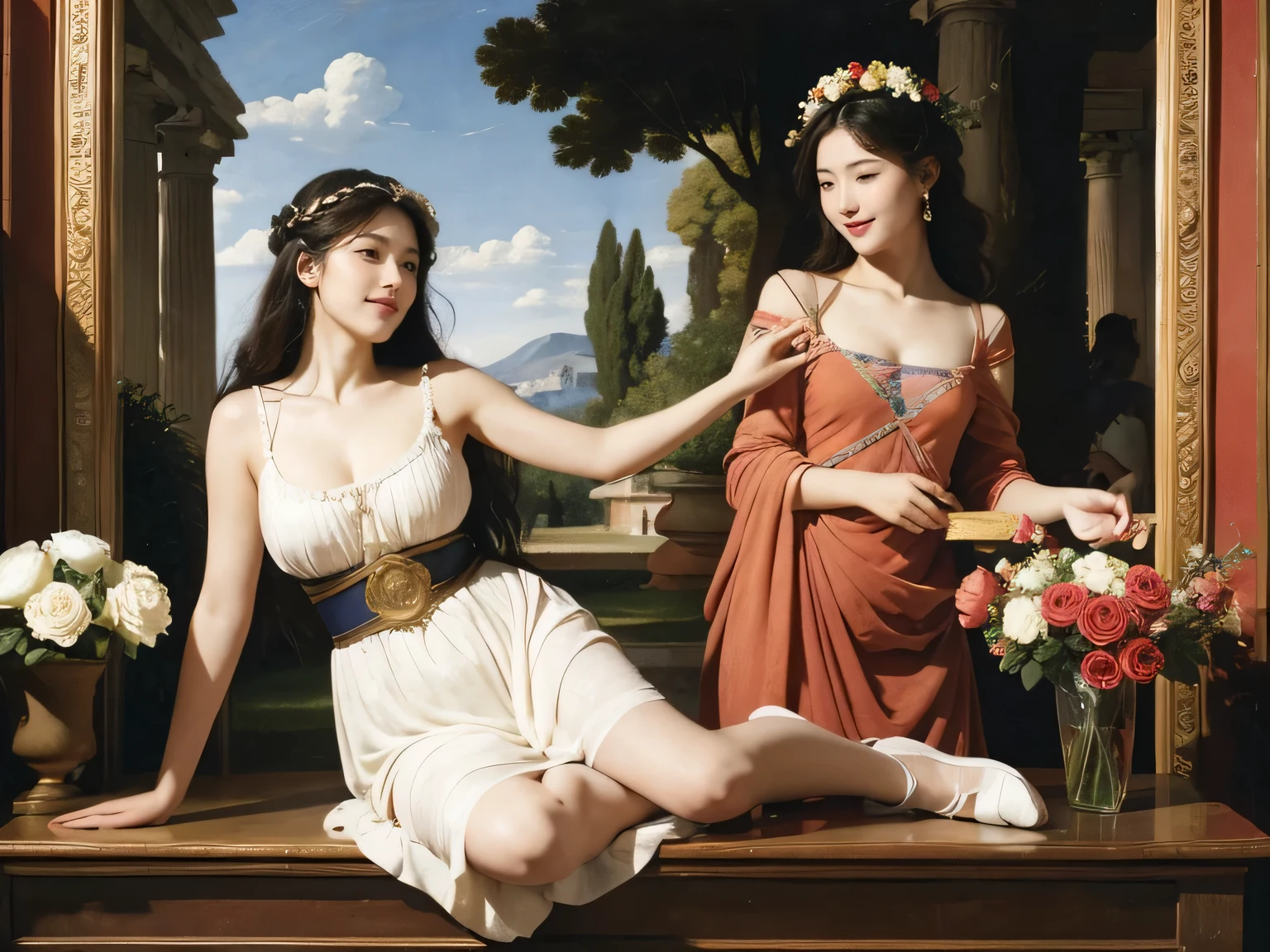 full body portrait or statue、Giorgione painting style,Arguments of two female Philosophe,math、astronomical machine、astronaut、roses in vase、fruits、Cute trinkets、smile、ancient greek costume、Ancient Roman landscape in the style of Nicolas Poussin,laughter,,Sweet and seductive appearance.、Caravaggio's paintings、Chiaroscuro of Caravaggio、hair tousled by the wind,Two women frolicking,cute smile, expression of ecstasy,Sexy,erotic,