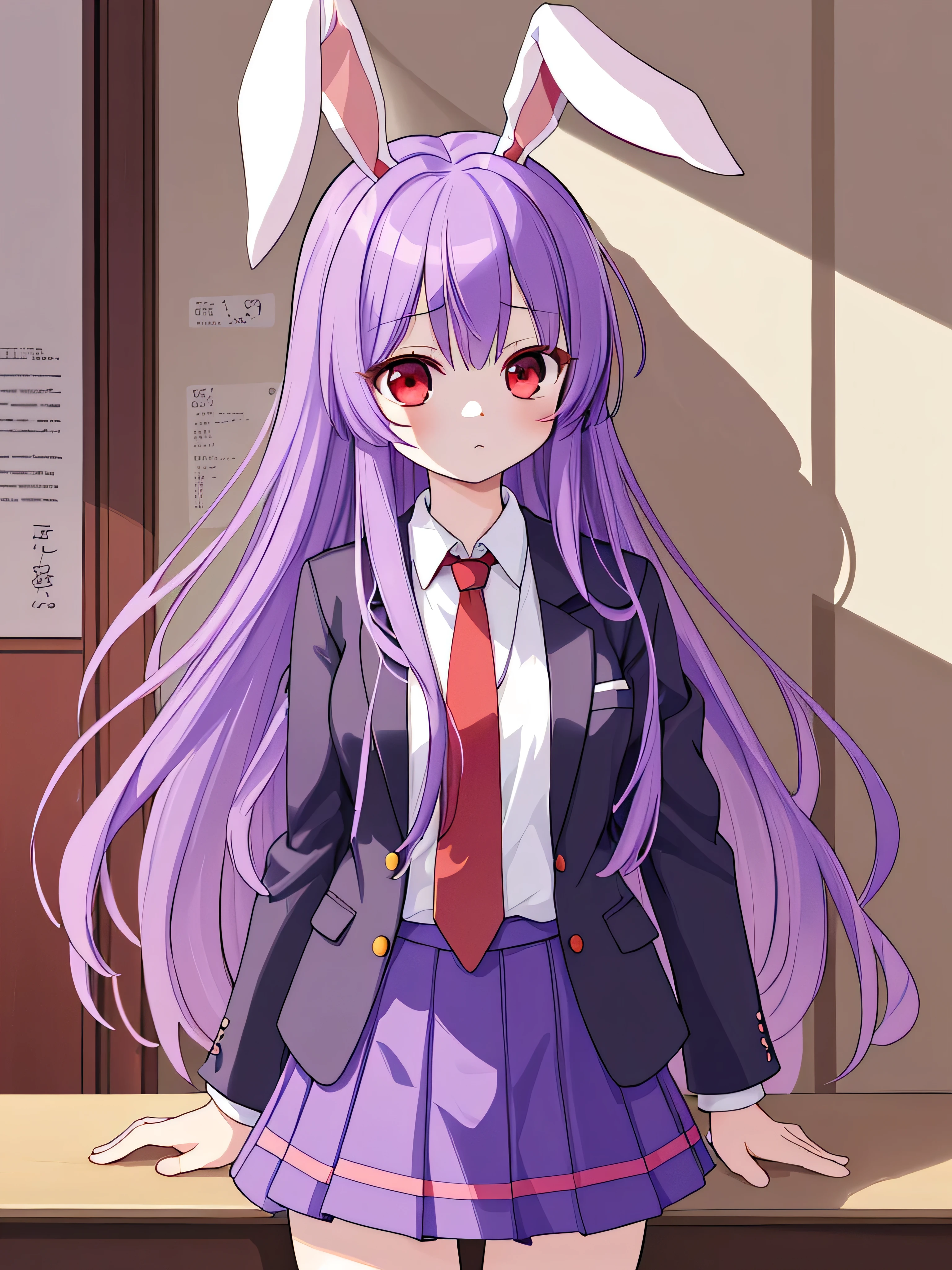 masterpiece, top quality, super detailed, CG illustration, high resolution, better lighting, best shadows, very delicate and beautiful, proper shading, hd, 8k,reisen udongein inaba, 1girl, solo, long hair, skirt, red eyes, animal ears, jacket, purple hair, necktie, rabbit ears, blazer, red necktie