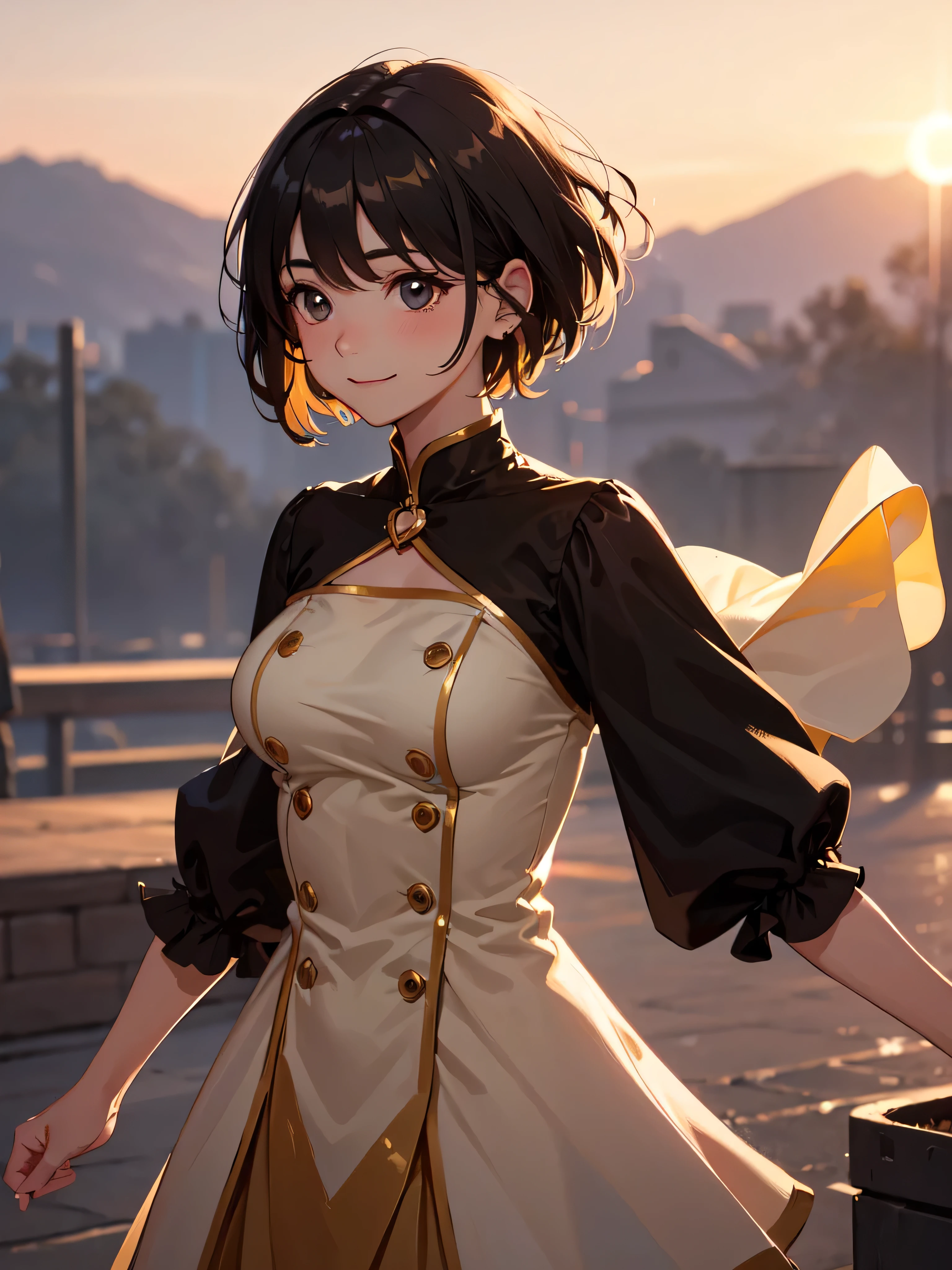 highest quality, Detailed face, One girl, Mid-breasted, smile, Dress up, (Charm, Puffy eyes:1.2), Excellent anatomy, View your viewers, Soft Focus, Golden Hour Lighting, Depth of written boundary, Happy expression, Short Hair, Outdoor, (Profile photo:0.8)