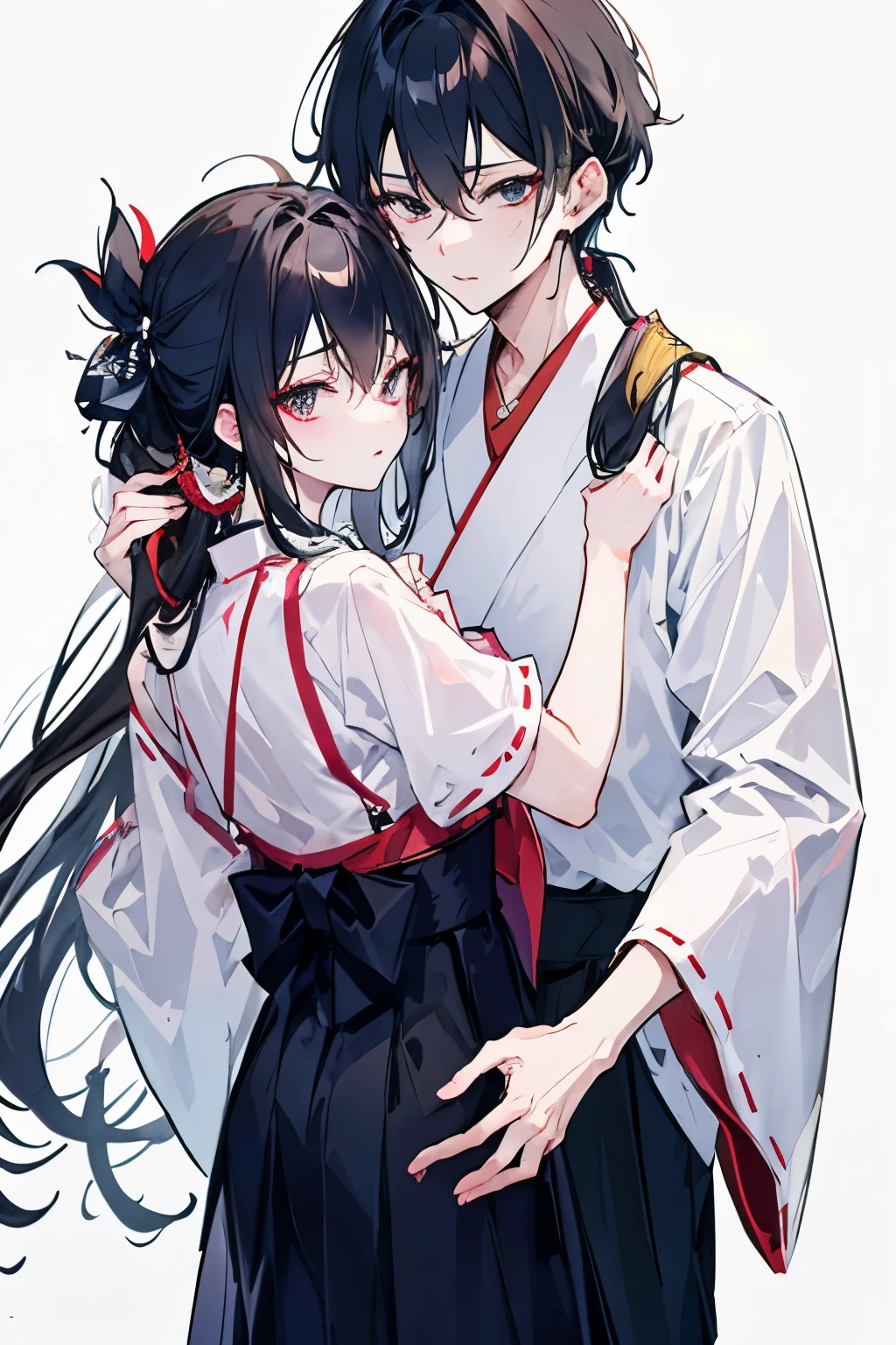 male、Long black hair swept over her shoulders、A fair-skinned, kind-looking handsome man with his hair tied up、Wearing hakama、