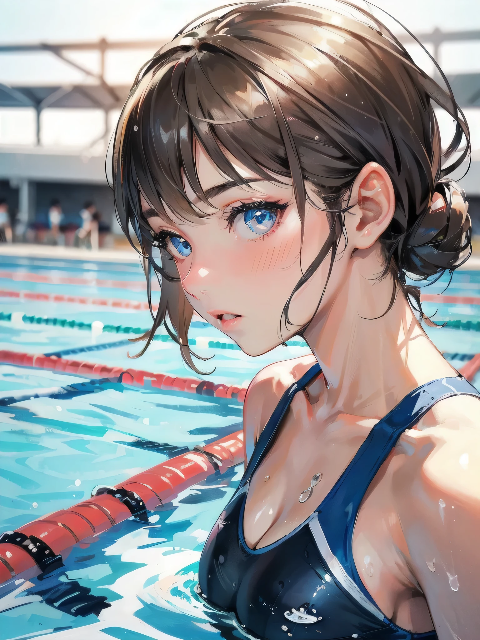 high quality,HD,16k,sharp lines,1 girl,Female swimming athlete ,cute face, large breasts, nice legs,At the swimming venue,focus girl,detailed beautiful face,detailed clothes,beautiful eyes,cool,dynamic angle