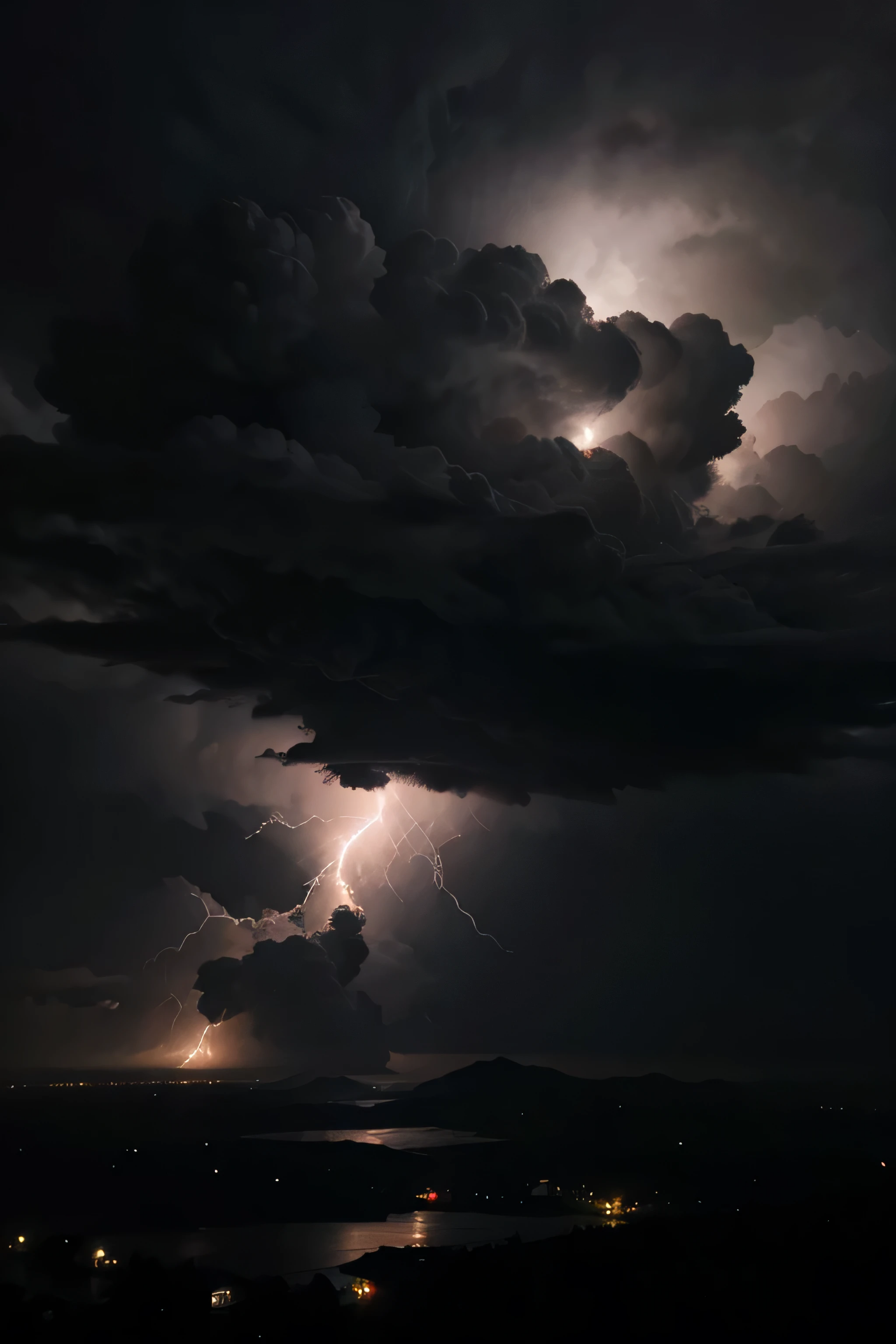 Black storm clouds with lightnings and smoke