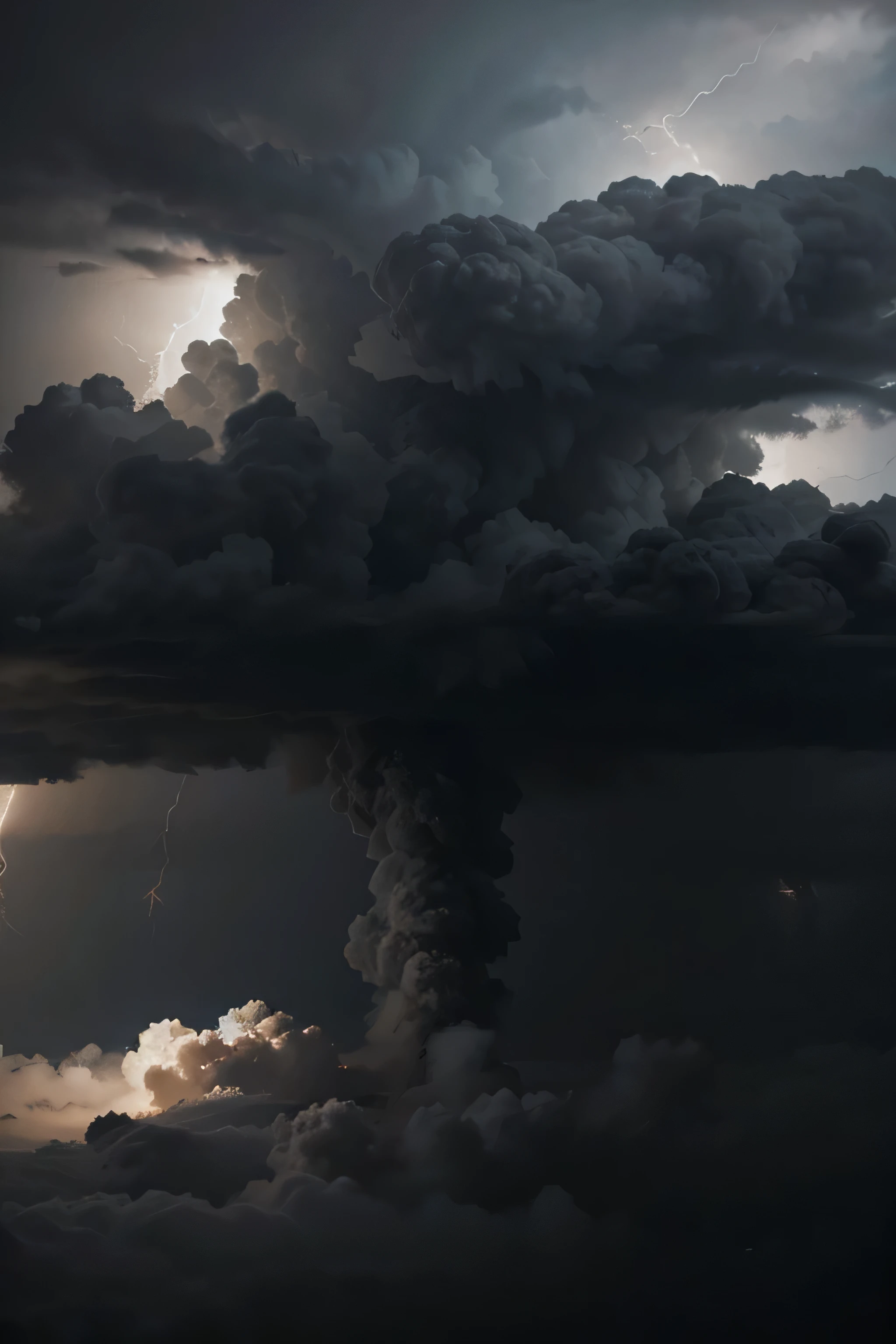 Black storm clouds with lightnings and smoke