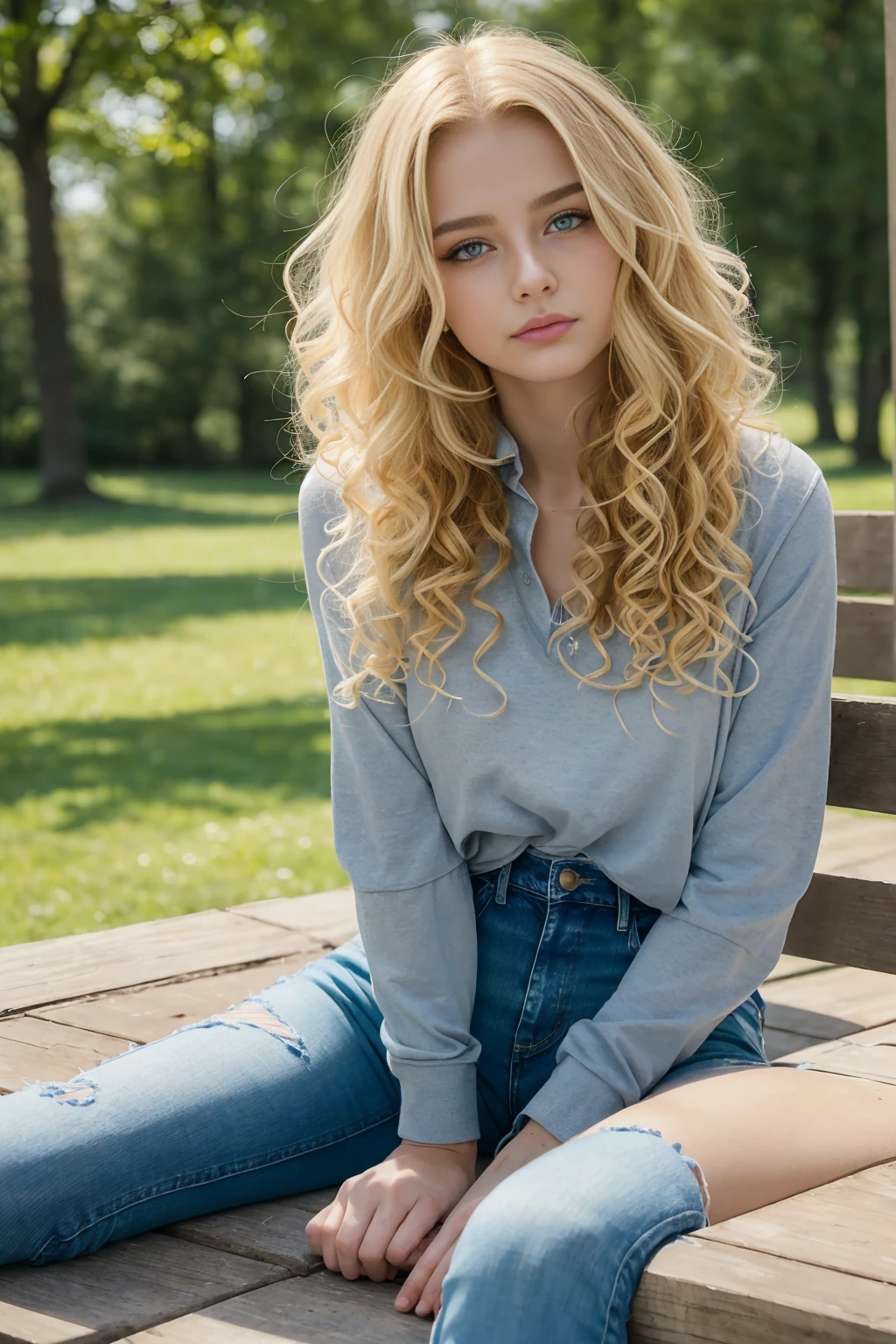 Meisterwerk, best quality, 18 year old Russian girl, jung, (FrauEhefrauBlonde , wellig, Mittellanges Haar ohne Styling, Halskette um den Hals, His skin was covered with goose bumps., pretty face, thin body, wohlgeformte Beine, tears en los ojos, Verteilen Sie Mascara um Ihre Augen. ,Stunned, frightened look , The body turns red , tears, Hysterismus, Furcht, Bitten um Gnade, wolliges Fell,sunny weather,sitting,blonde,(standing in park),((curly hair)),jeans