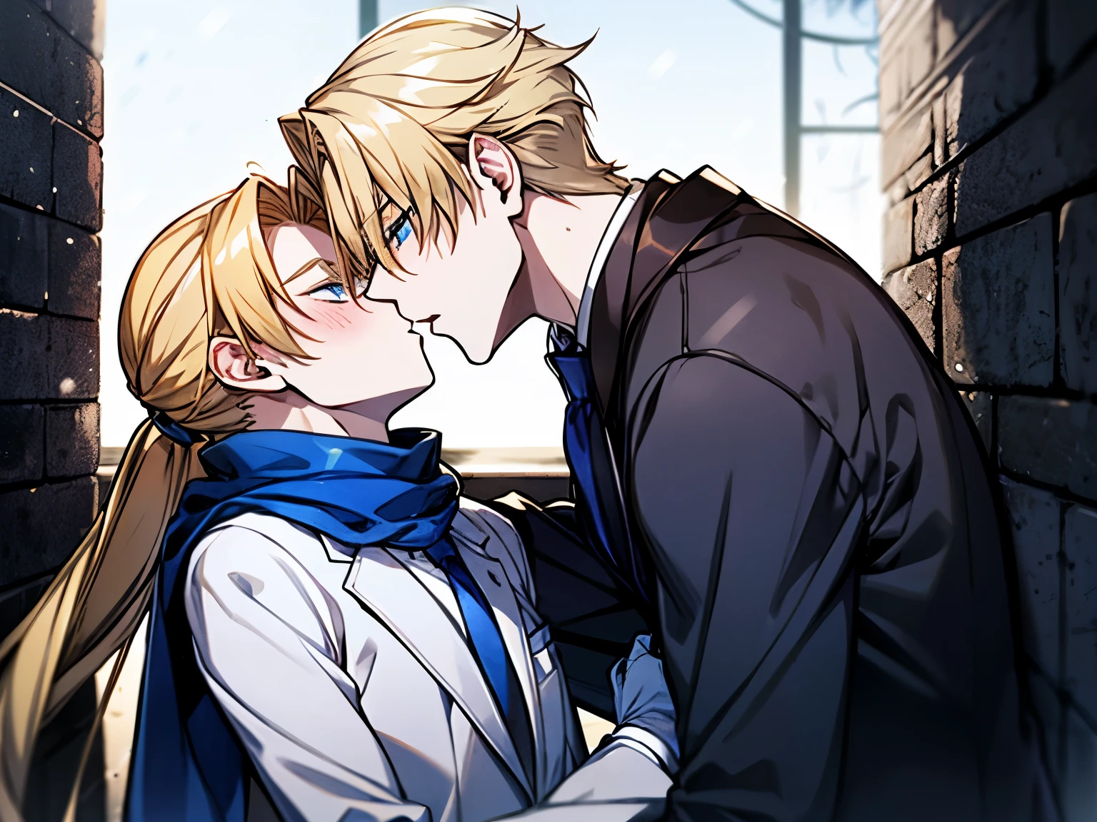 Best Quality, very detailed beautiful face and eyes, ((Embarrassing)), Long hair, Blonde low-tied longhair, Blue eyes, flat chest, White trench coat, Small arm muscles, Male Hands, male eyebrows, Male Eyes, sharp long nose, Men's Glasses, (Black Gloves:1.2), (Blue winter scarf:1.3), (White suit:1.4),White vest, ((blue necktie)), Blonde tied hair, Blonde Low Long Ponytail, blush,Masculine face, 180cm, masculine,Magical atmosphere, Anime characters hugging each other in a dark room, 2boys, He pressed him against the wall. He pressed him against the wall, Slammed his hands against the wall in front of him, (Parted bangs, Forehead),long voluminous blonde hair,kiss,Sexy, Elegant, 30 years old man, Adult man,