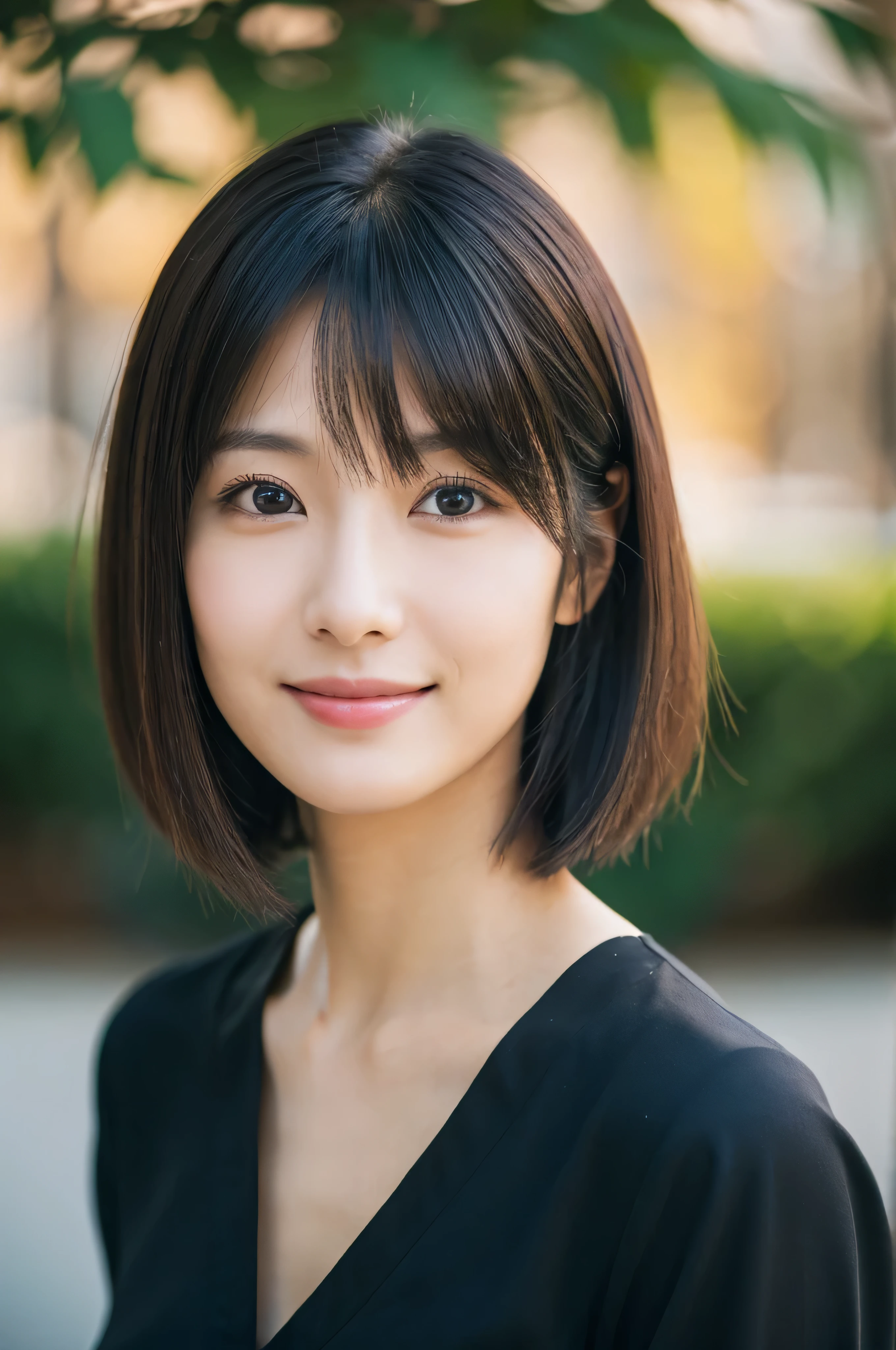 (masterpiece:1.3), (Photo realistic, Raw photography, top-quality: 1.4), Skinny Japanese woman, 29 years old, (1girl in), (Lifelike face), detailed face, detailed eyes, (A dark-haired, Short hair:1.3), (real looking skin), (Casual), Ultra high resolution, A hyper-realistic, high-detail,Background blur,City,building,office,garden,beige,sober,clear,Smile