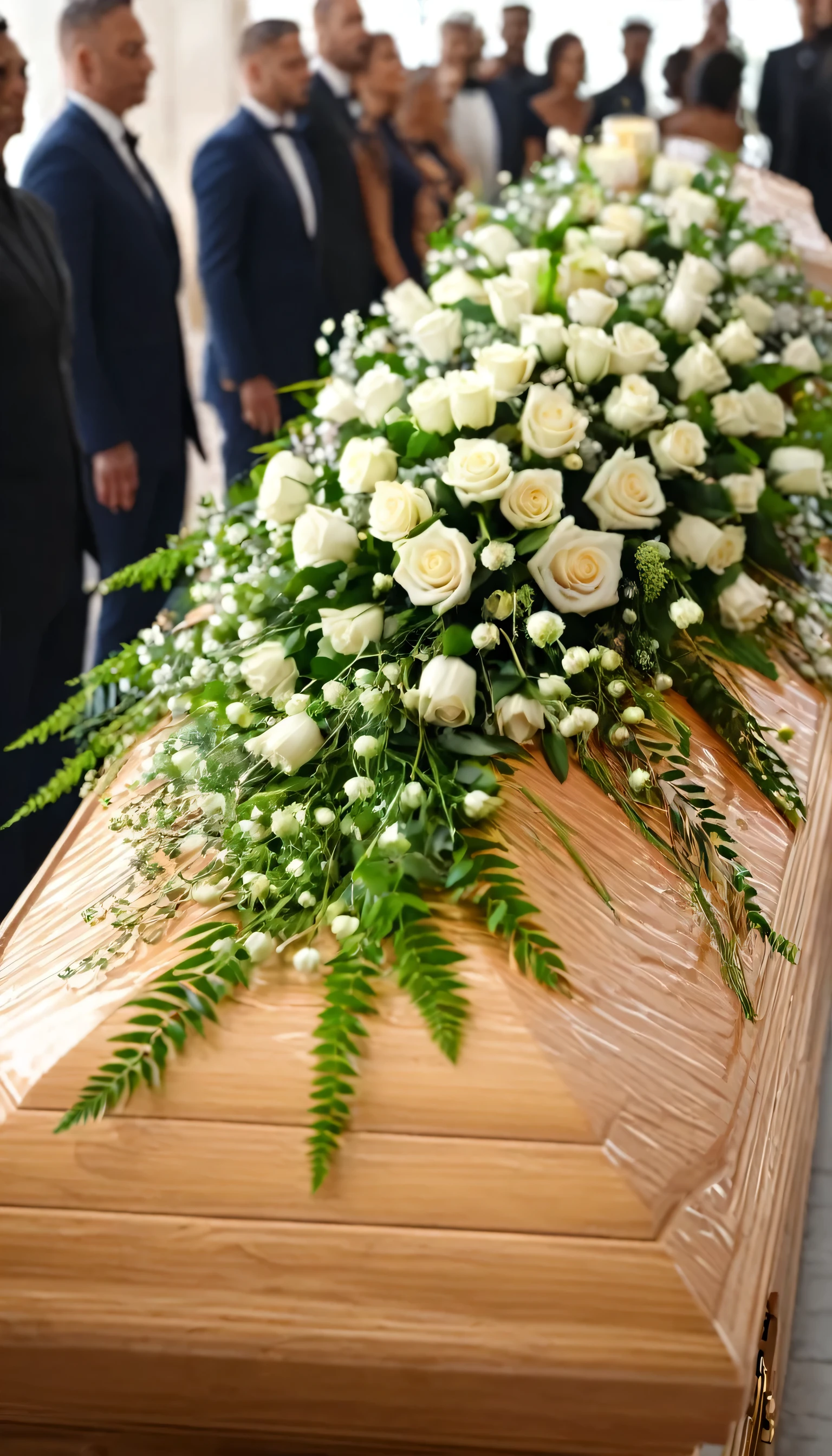 Top Quality, Masterpiece, close straight shot of coffin with flowers on coffin with people in the background blurred (Photorealistic Photos:1.3), (High Detail Skin:1.2), 8K UHD, DSLR, High Quality, High Definition, 4K, 8K, (Real: 1.3)