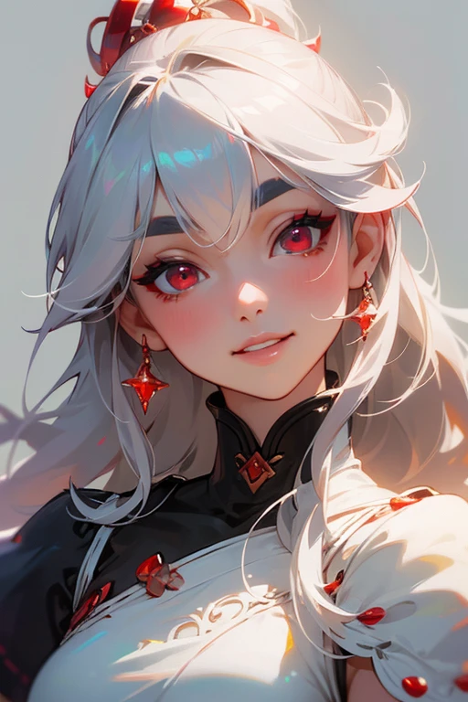 (highest quality, masterpiece:1.2), High resolution, Very detailed, Realistic:1.37, Fantasy, An illustration,Gray Hair、 Red eyes、Queen, White Dress、Platinum decoration、beautifully、Eyeshadow Red、Thick eyebrows、Long eyelashes、pupils are black、shiny on the lips、Top Sites、Queen、Princess、ponytail、A kind smile、Show your teeth a little and smile、Soft impression、people々々々々々Loved by、Slimming the face、Shoulder Bare、sexy、