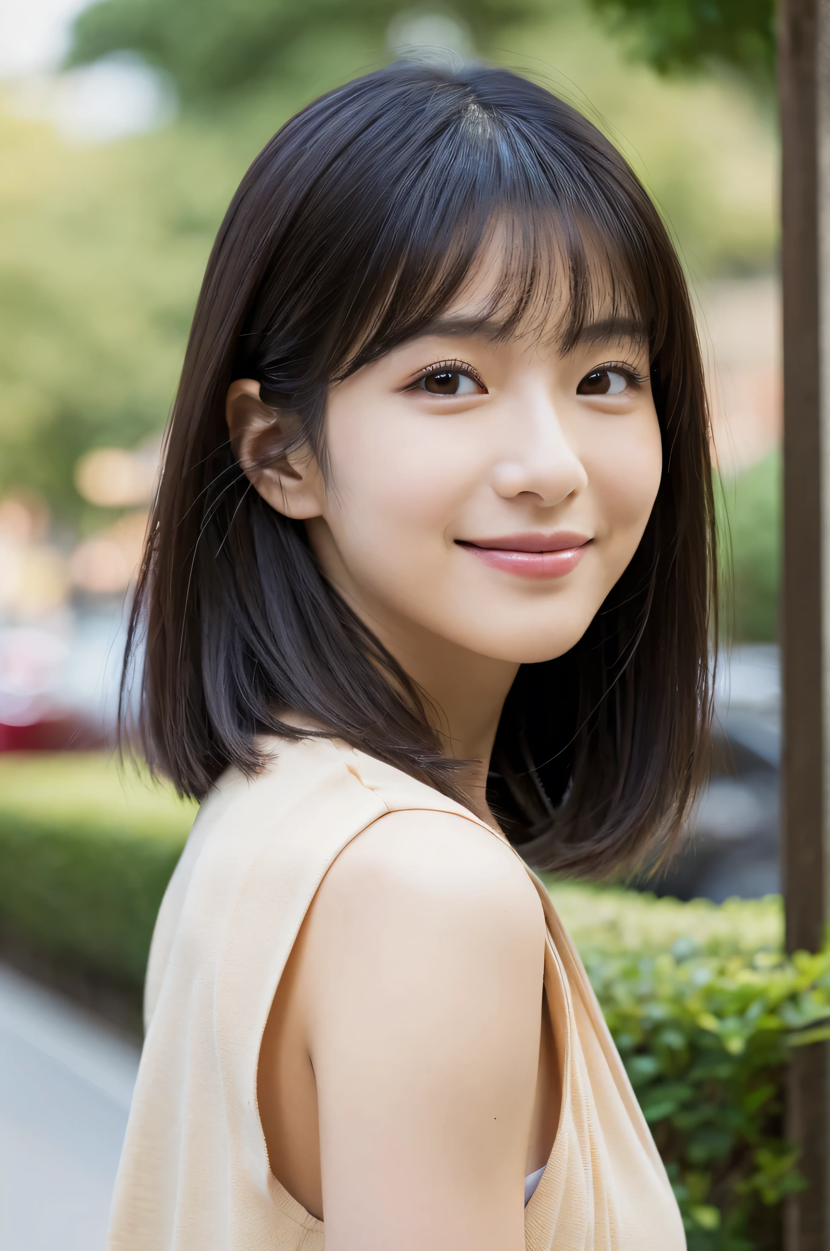 (masterpiece:1.3), (Photo realistic, Raw photography, top-quality: 1.4), Skinny Japanese woman, 29 years old, (1girl in), (Lifelike face), detailed face, detailed eyes, (A dark-haired, Short hair:1.3), (real looking skin), (Casual), Ultra high resolution, A hyper-realistic, high-detail,Background blur,City,building,office,garden,beige,sober,clear,Smile
