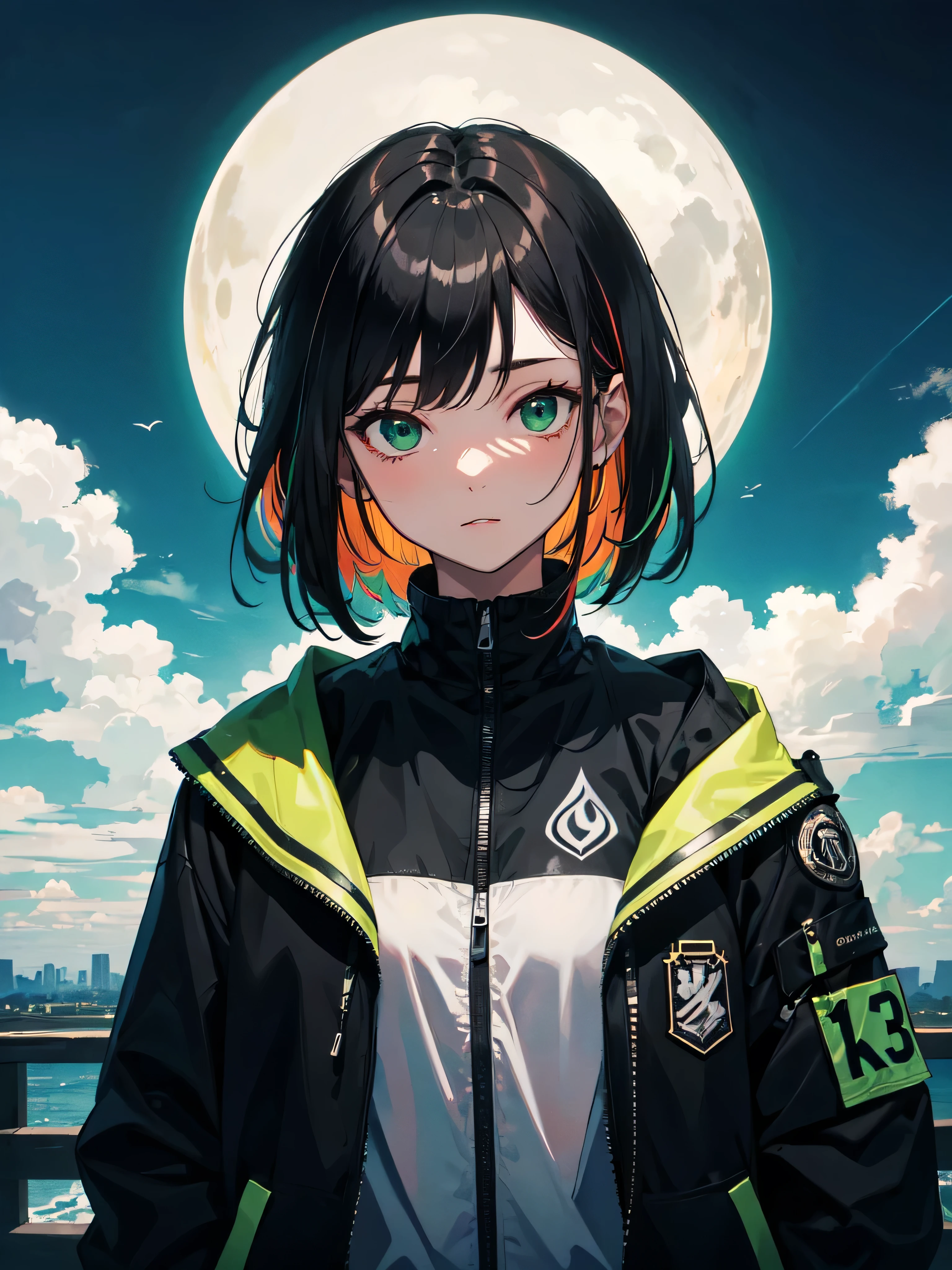 (masterpiece, highest quality, Ultra-high resolution),One girl,short hair,Black Hair,Jacket,(multicolor Jacket green and black),Looking at the audience,Focus on the girl,Cloudy,Beautiful and elaborate face, Fine grain,Gray and black theme