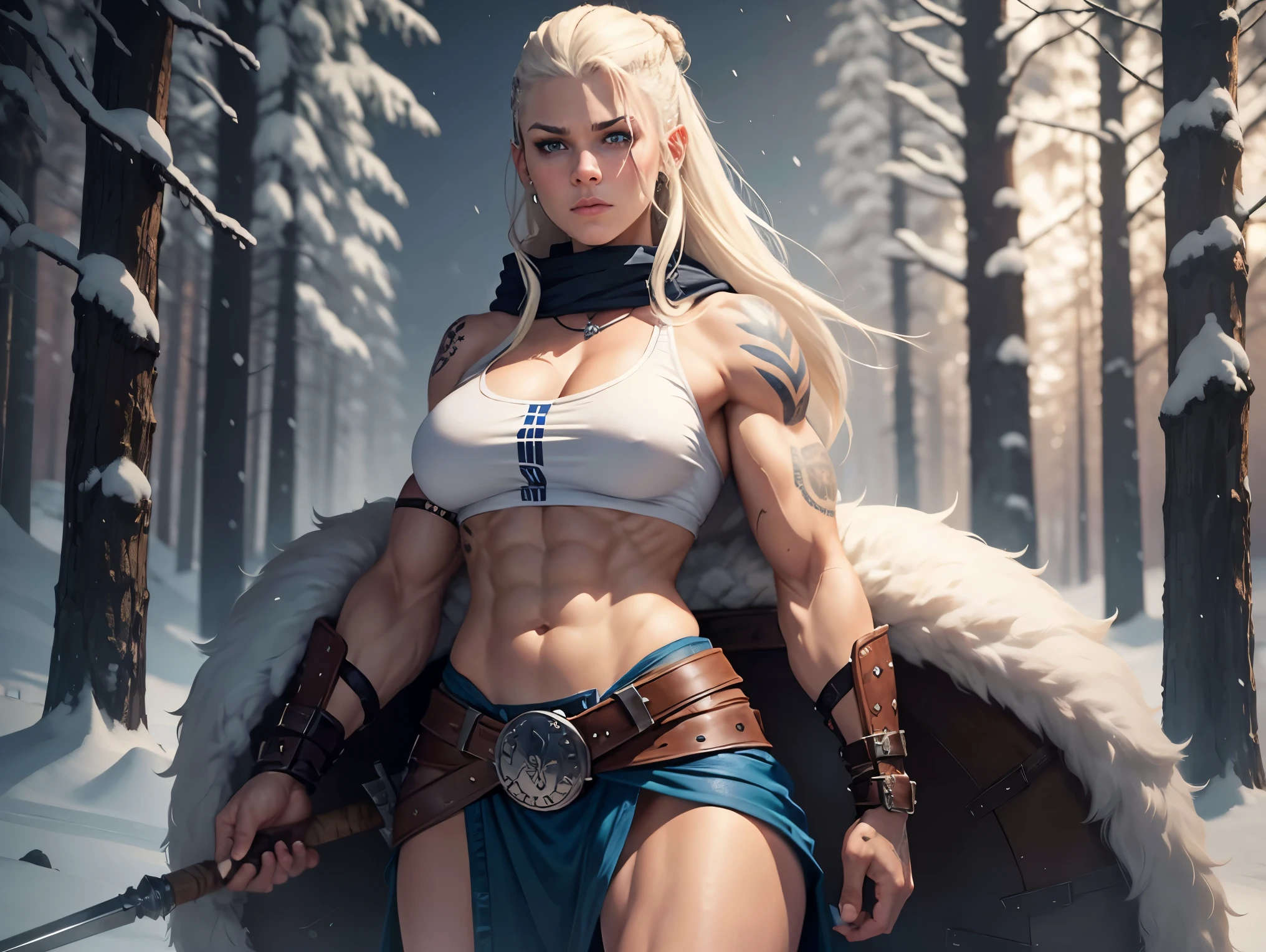 Solo female Viking, muscular, fit, wearing brown furs and skins, blue Norwegian tattoos, blue eyes, platinum blonde hair colour, dreadlocks, scared, side shaved head, warrior hair, setting: Scandinavian forest in winter..., snow, bare arms, unprotected navy, abs, very detailed, Norwegian, berserk, arm muscles, leg muscles, leather belts, big breasts, sagging breasts, above the waist, full length