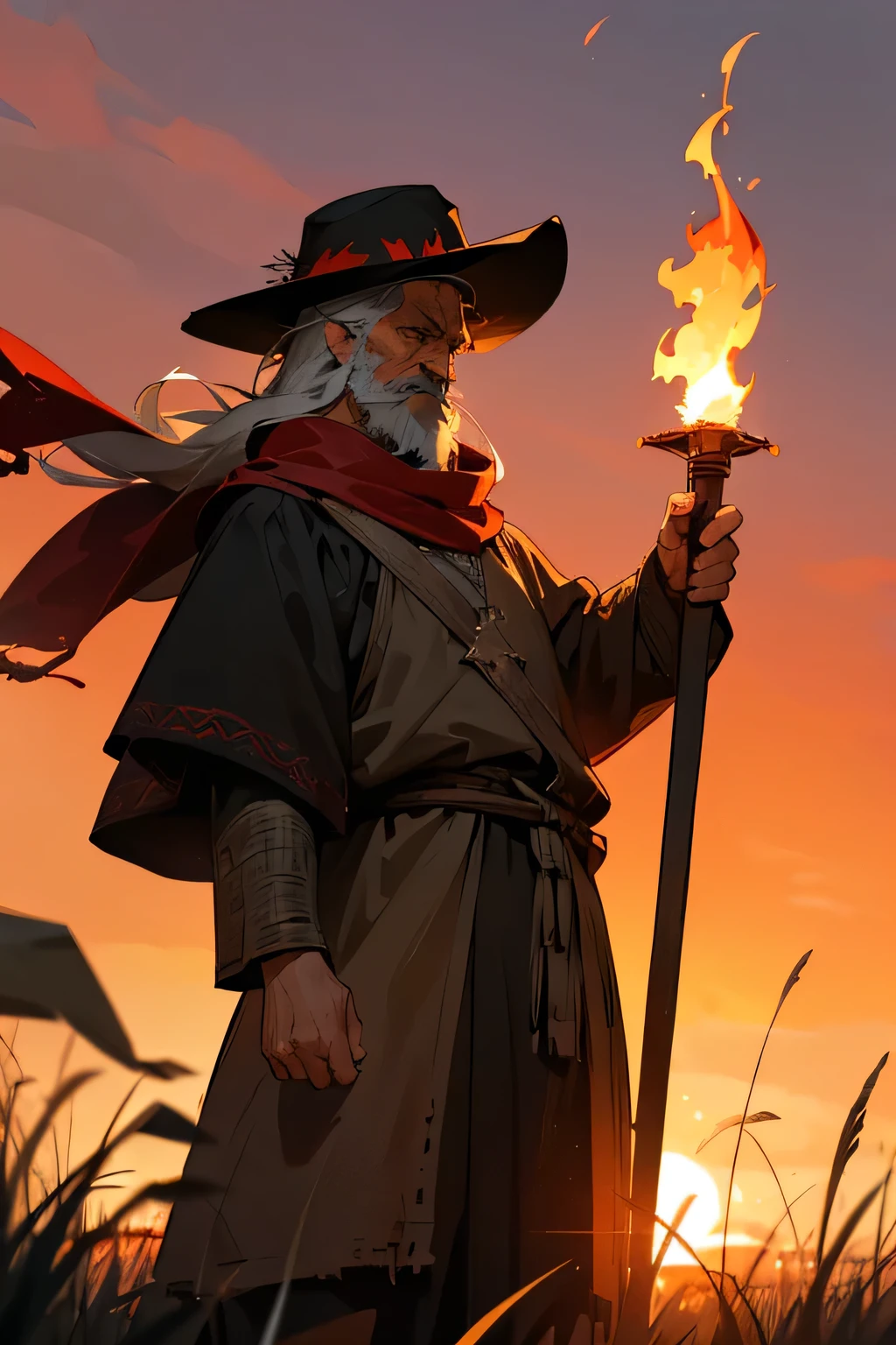 Old man, viking clothes, worn down clothes, unkempt hair, long beard. grass fields, hair covering side of face, black brimmed hat, sunset, flaming torch, holding up torch, standing, flaming staff, Cappello romano, sunset, giving red scarf to viewer