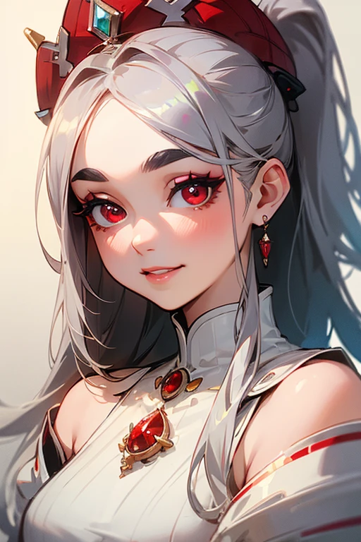 (highest quality, masterpiece:1.2), High resolution, Very detailed, Realistic:1.37, Fantasy, An illustration,Gray Hair、 Red eyes、Queen, White Dress、Platinum decoration、beautifully、Eyeshadow Red、Thick eyebrows、Long eyelashes、pupils are black、shiny on the lips、Top Sites、Queen、Princess、ponytail、A kind smile、Show your teeth a little and smile、Soft impression、people々々々々々Loved by、Slimming the face、Shoulder Bare、sexy、