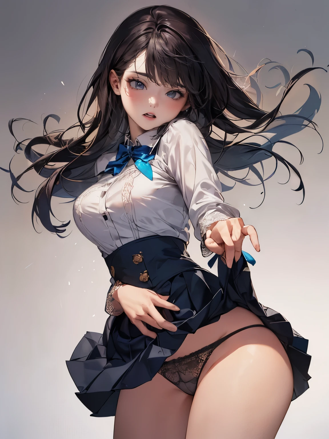 an adult woman, ((elaborately designed mesh and lacy panties, panties high definition images, draw panties with super precision)), (round face, drooping eyes), pleated skirt, ecstasy face, outside,
