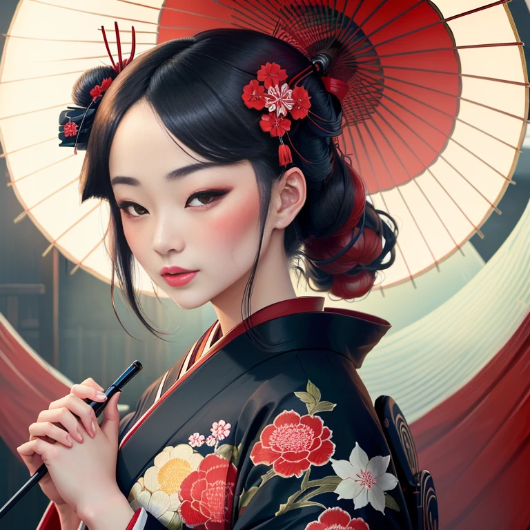 Close-up of a woman in a kimono dress holding a red umbrella, The art of Japan style, In the Ukiyo-e art style, The art of Japan art, ukiyoe style, classical The art of Japan, The art of Japan, Ukiyo-e style, Ukiyo-e style, traditional The art of Japan, ukiyo - e art, Ukiyo-e art