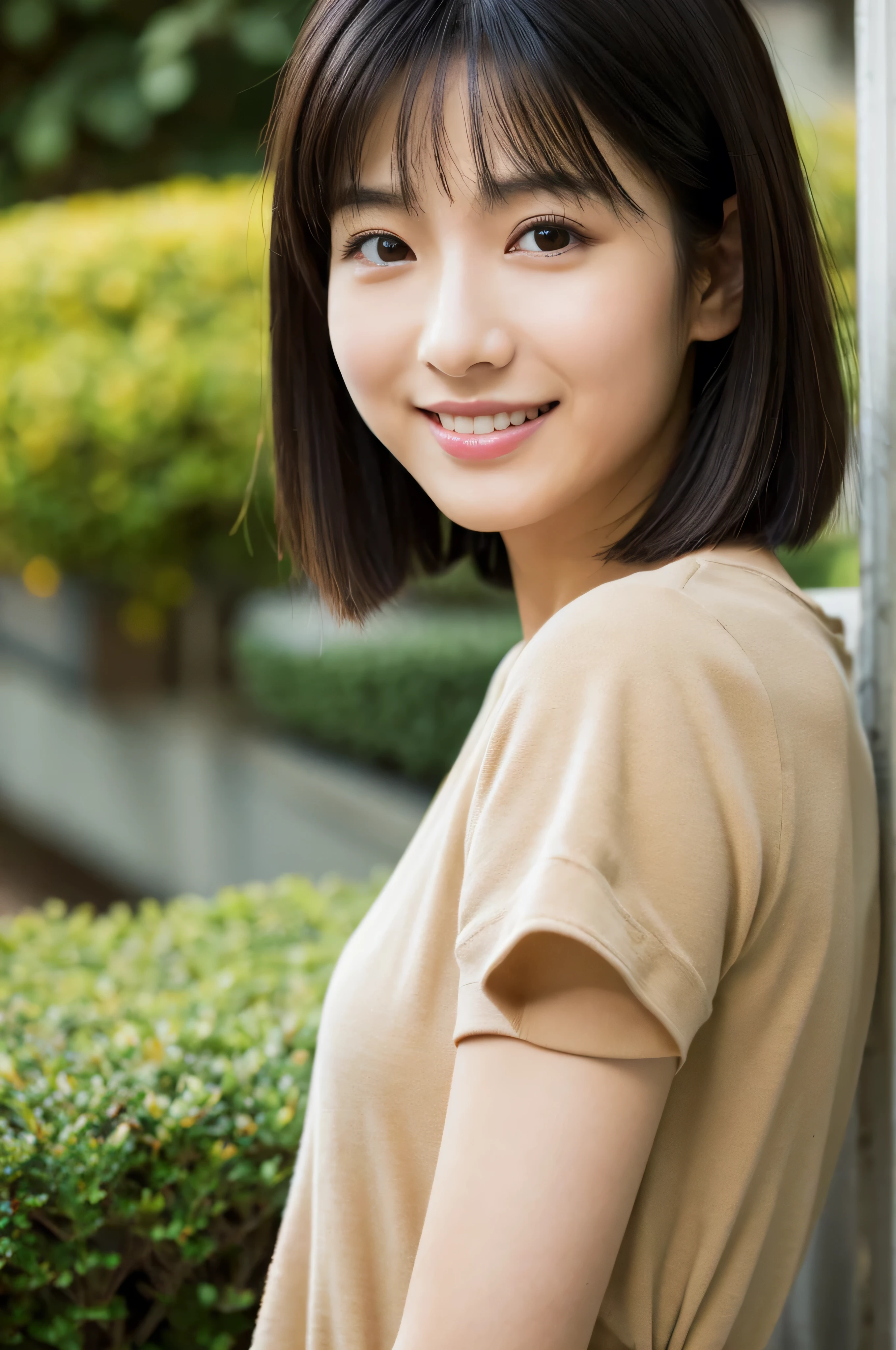 (masterpiece:1.3), (Photo realistic, Raw photography, top-quality: 1.4), Skinny Japanese woman, 29 years old, (1girl in), (Lifelike face), detailed face, detailed eyes, (A dark-haired, Short hair:1.3), (real looking skin), (Casual), Ultra high resolution, A hyper-realistic, high-detail,Background blur,City,building,office,garden,beige,sober,clear,Smile
