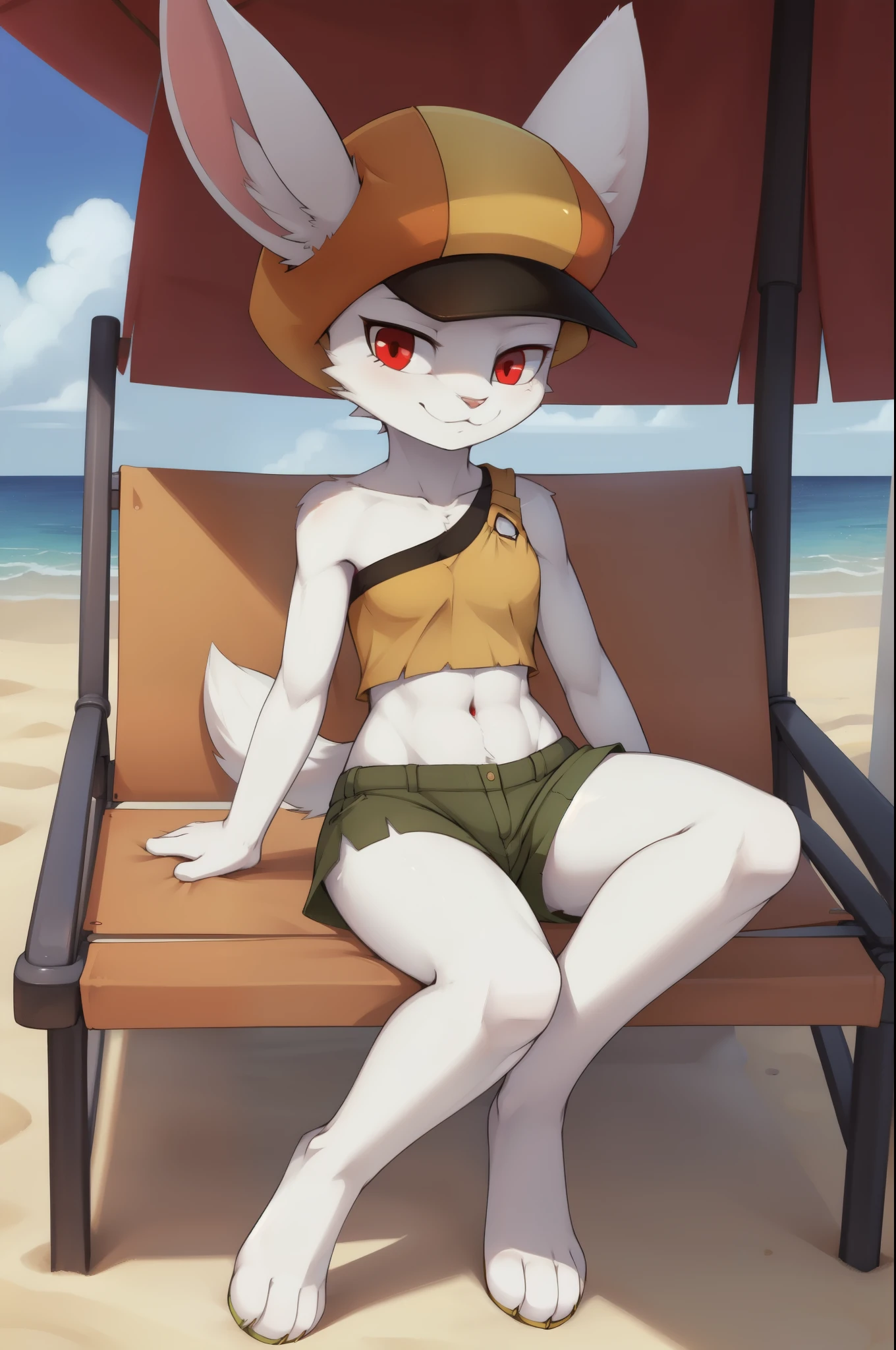 Sorrel, rabbit, white hair, red eyes, furry female, anthro, white body fur, small breasts, ((yellow hat, yellow shirt, one shoulder, midriff, green shorts)), detailed body fur, detailed face, detailed eyes, glistering body, shiny body, gorgeous body, masterpiece, full body, feets with three toes, 3 toes, sit on beach chair, beach, clear sky, full body, :3, athletic body, skinny, looking at you, 