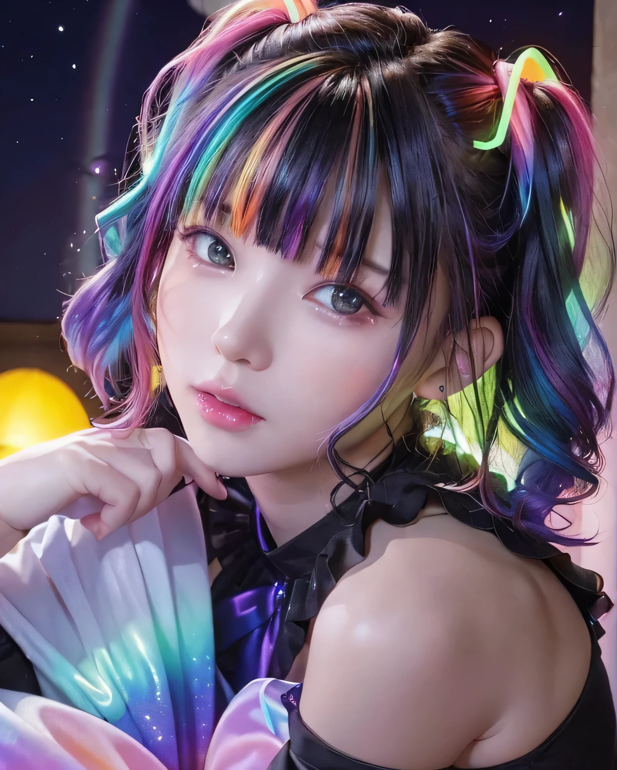 (Luminous and colorful lighting setup for model photography:1.25)、8K、highest quality、1 Girl、(************)、(Face shot close up:1.3)、、Flat Body、cute、Beautiful photorealistic、High resolution、Perfect lighting and shadows、((Look at the viewers))、、(((night)))、(Moe sleeves:1.5)、Twin tails、(Rainbow Color Hair:1.34)、(Black light:1.23)