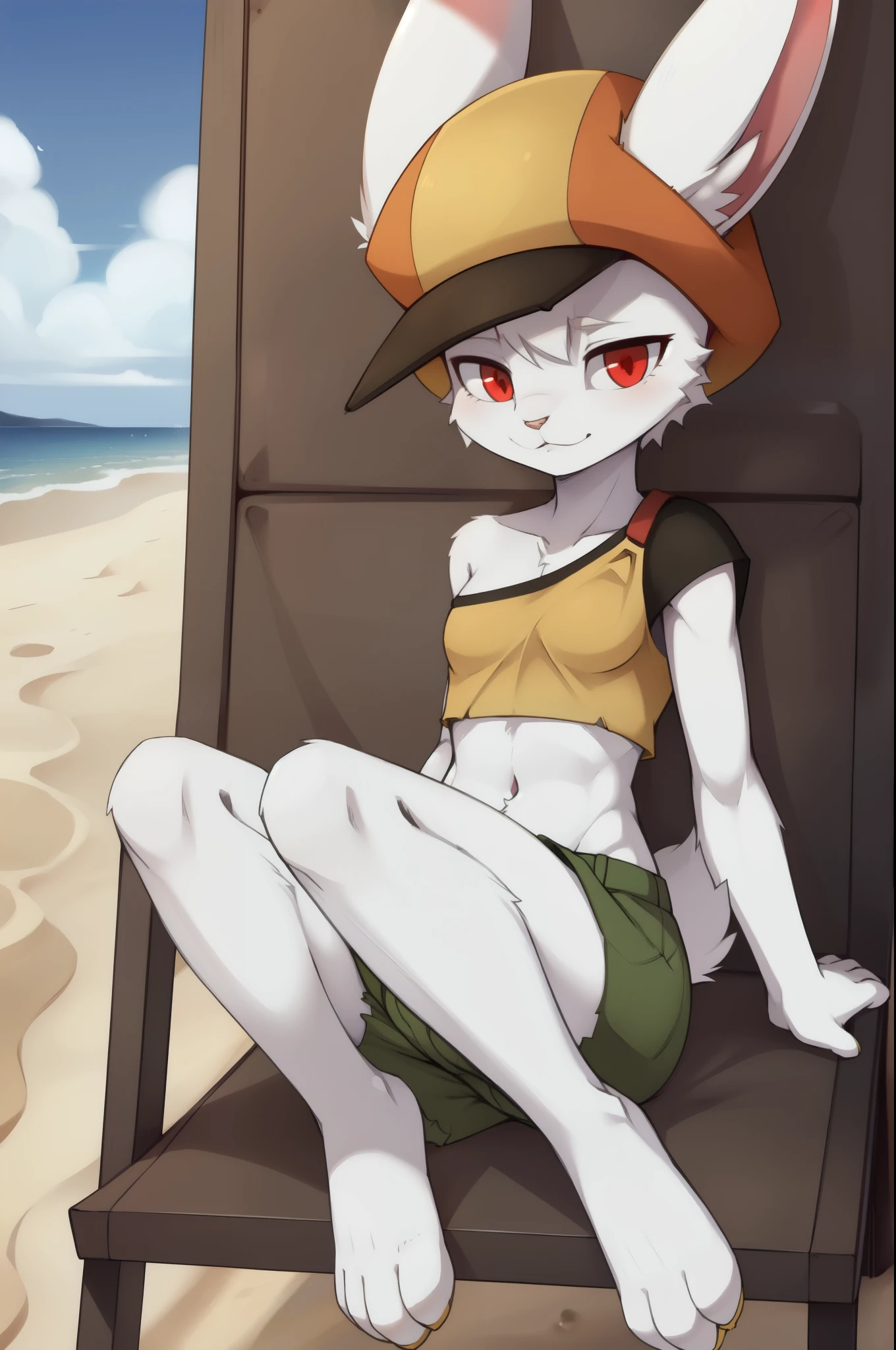 Sorrel, rabbit, white hair, red eyes, furry female, anthro, white body fur, small breasts, ((yellow hat, yellow shirt, one shoulder, midriff, green shorts)), detailed body fur, detailed face, detailed eyes, glistering body, shiny body, gorgeous body, masterpiece, full body, feets with three toes, 3 toes, sit on beach chair, beach, clear sky, full body, :3, athletic body, skinny, looking at you, 