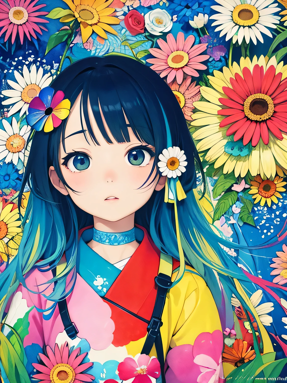 Takashi Murakami style、8K Quality、Intense watercolor, Detailed watercolor art, Watercolor splash, Surreal, avant-garde pop art, Beautiful and expressive paintings, Beautiful artwork illustration, Very colorful tones, wonderful, Cool beauty, highest quality、Official Art, Vector art, Stylish design, ((The most beautiful girl of all time)), (((highest quality))), HDR, ((detailed)), (((Doodle Art)), ((masterpiece)), ((Super detailed)), (((Colorful flowers))), ((hiking)))、Lots of friends